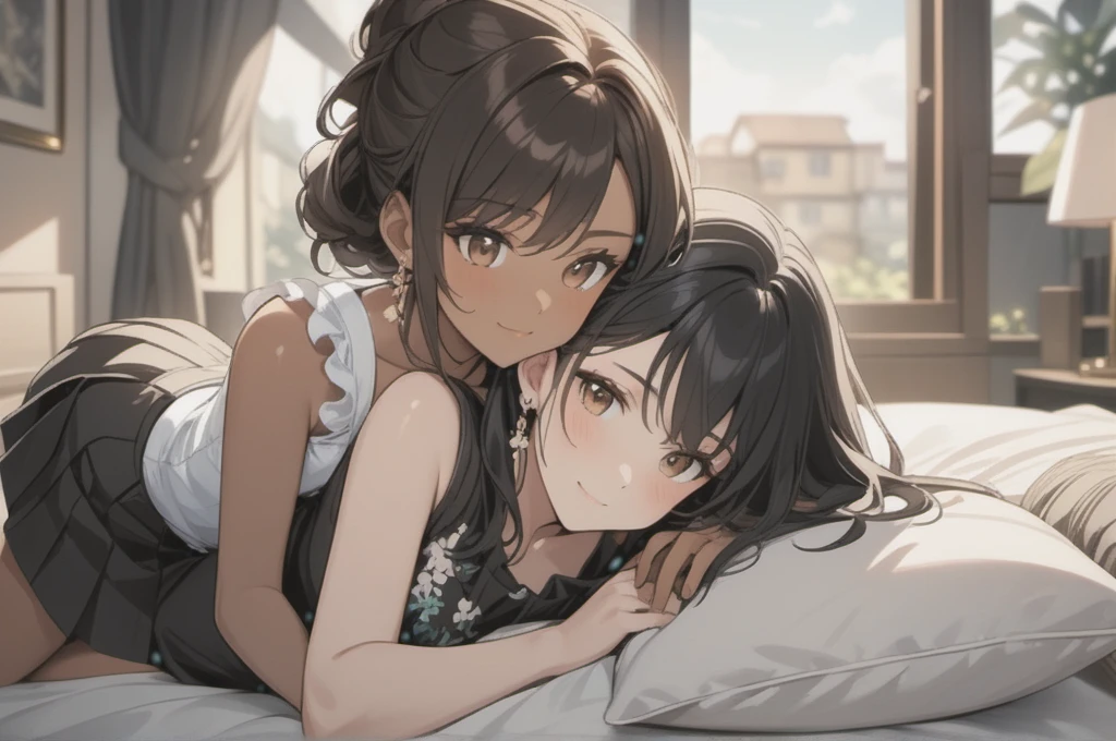 ((Two woman))one with pleated skirt, sleeveless top, other with floral dress, black and brown eyes, (((two woman with brown skin, other black girl))), long wavy black hair, wearing high heel sandals, both lying on bed, cute smile, bedroom background, high quality, masterpiece, anatomically correct, detailed background, better quality, original work, focus on details, wearing earrings, wind blowing through window, eye glasses, hugging each other, lesbians, girlfriends 