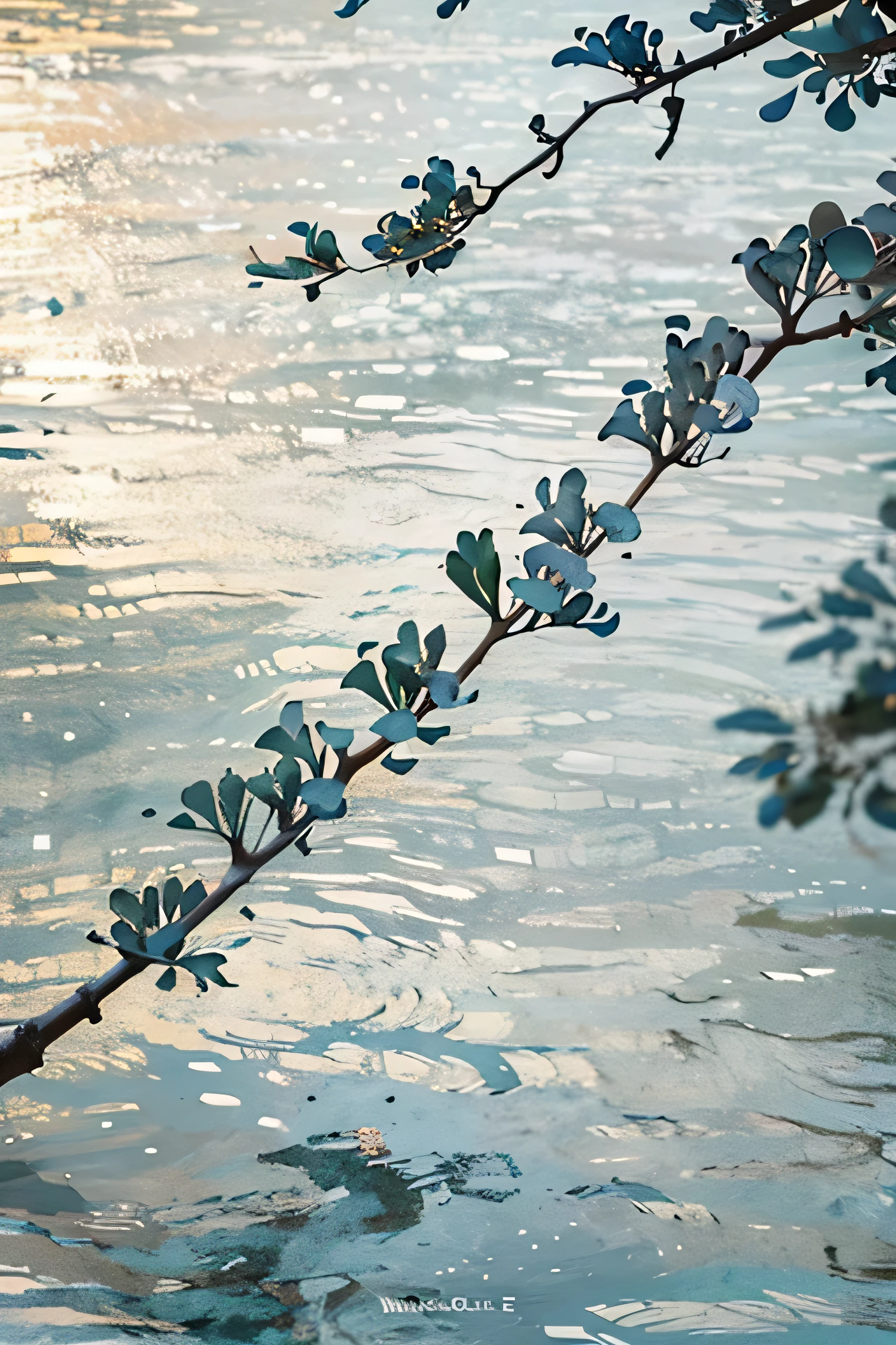 a detailed close-up scene of a tree branch with water droplets condensed on it, set against a grey-blue twilight background, (best quality,4k,8k,highres,masterpiece:1.2),ultra-detailed,(realistic,photorealistic,photo-realistic:1.37),highly detailed tree bark texture,intricate water droplets,atmospheric lighting,dramatic twilight colors,muted blue and grey tones,moody and melancholy atmosphere