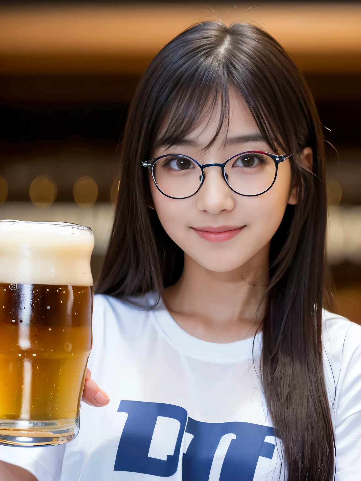 (Best quality), (masterpiece:1.3), (photorealistic:1.36), (realistic), ultra-detailed, real person, Japan girl 1, small breasts, flat, detailed background, depth of field, bokeh, T-shirt and shorts, looking over here and smiling, chignon hair, round glasses, Izakaya, beer mug, fried chicken, split seat, Drunk, slipping glasses, beer, natural lighting, Bokeh,
