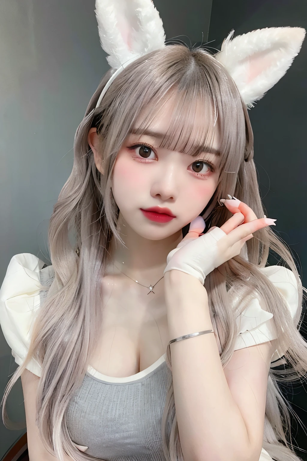 nsfw,Her chest is covered with her hands,She has white bunny ears with hair in them, In anime aesthetic style, Light silver and light grey, Gombi, Beautiful woman, Aurora Punk, Light amber and grey, Light grey and grey , ((Blunt bangs)),Long Hair, ((Large Breasts))
