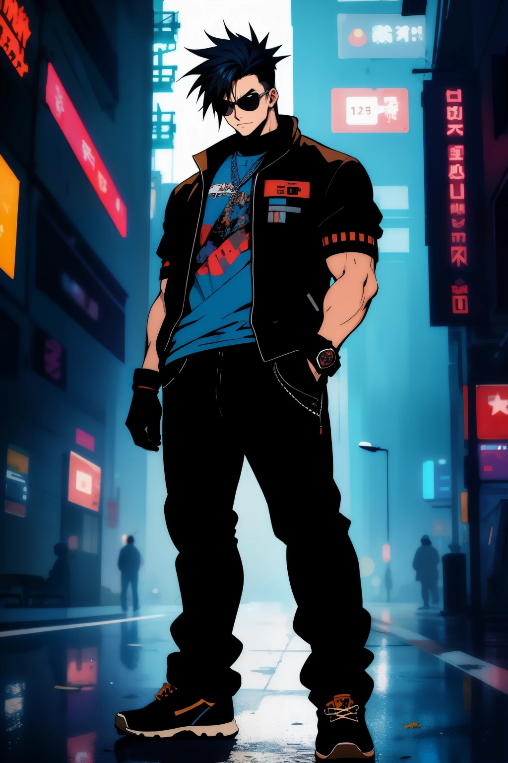 Man, spiked hair, straight hair in front, t shirt, hip hop style, gloves, cyberpunk  theme, cyberpunk, tall, standing Cabelo preto, masterpiece, anatomically correct, High details, fingerless gloves, eletronic forniture, Ultra detailed face