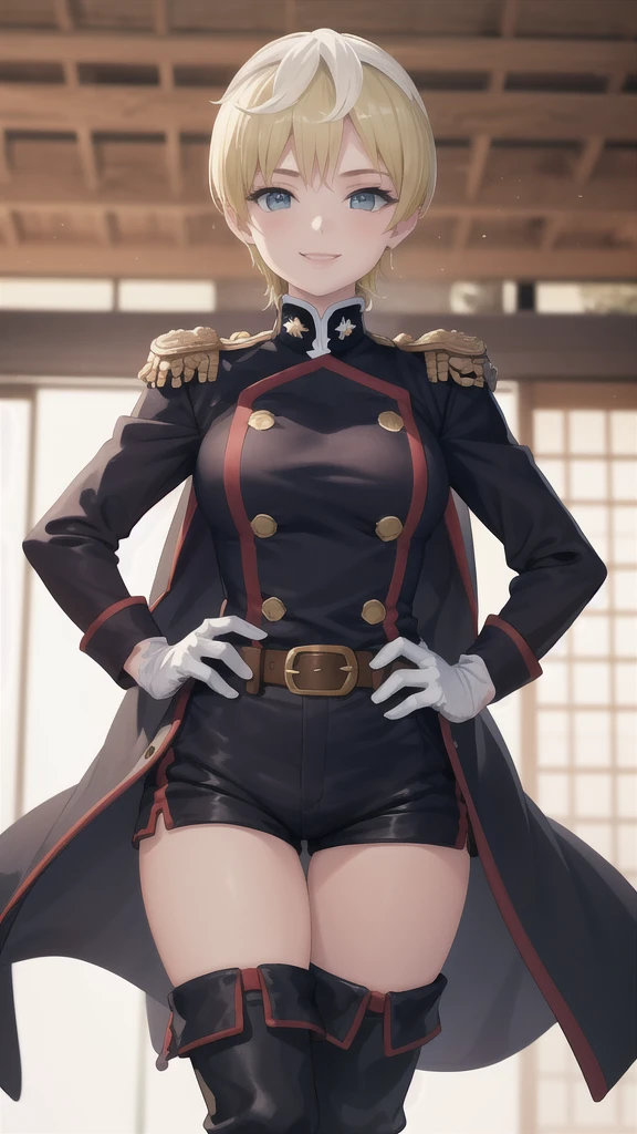 masterpiece, best quality, absurdres, perfect anatomy, 1girl, solo, TenkaIzumo, military uniform, coat, black shorts, epaulettes, brown belt, thigh boots, white gloves, smile, hands on hips, indoors, 