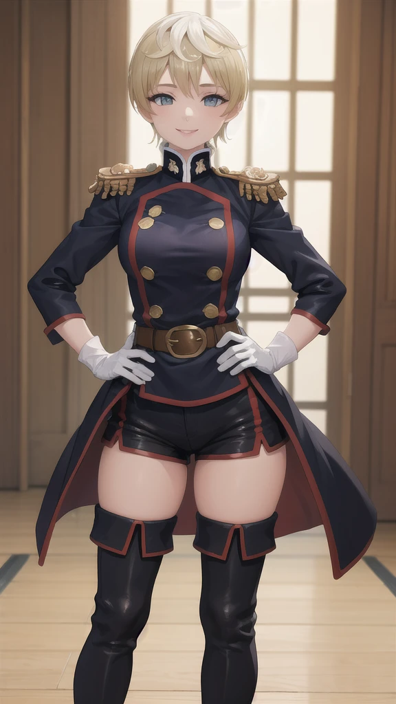 masterpiece, best quality, absurdres, perfect anatomy, 1girl, solo, TenkaIzumo, military uniform, coat, black shorts, epaulettes, brown belt, thigh boots, white gloves, smile, hands on hips, indoors, 