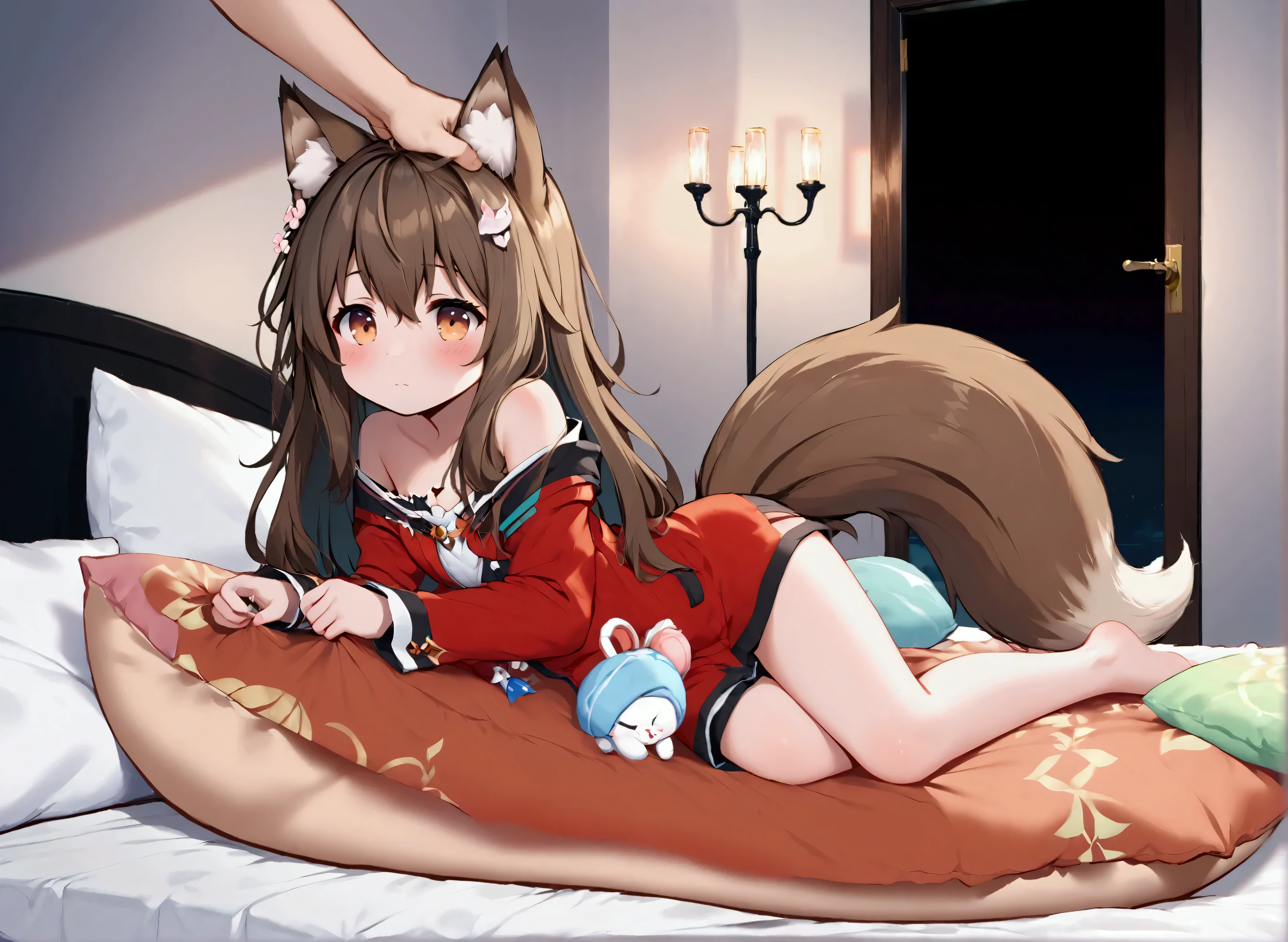 Small young fox girl with long brown hair and brown fluffy ears, fluffy brown tail, she is wanting cuddles and attention, in a detailed bedroom, lounging on a bed playfully, fox girl is acting cute, fox girl is getting a head pat and is enjoying it.