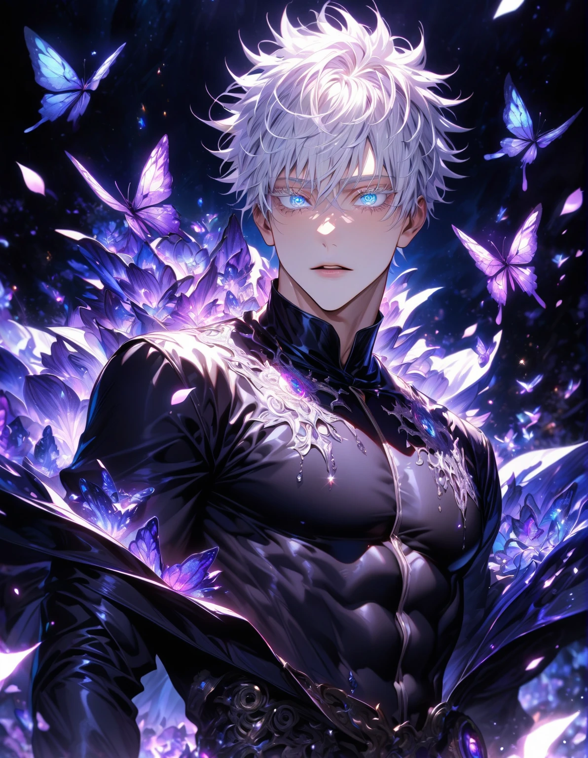 absurdres, highres, ultra detailed, HDR, masterpiece, extremely detailed face and eyes, Gojo Satoru, white hair, black blindfold over the eyes, Jujutsu Kaisen, solo, sexy man, handsome, black clothes, toned chest, purple butterflies, purple petals, purple flowers, blue lightning