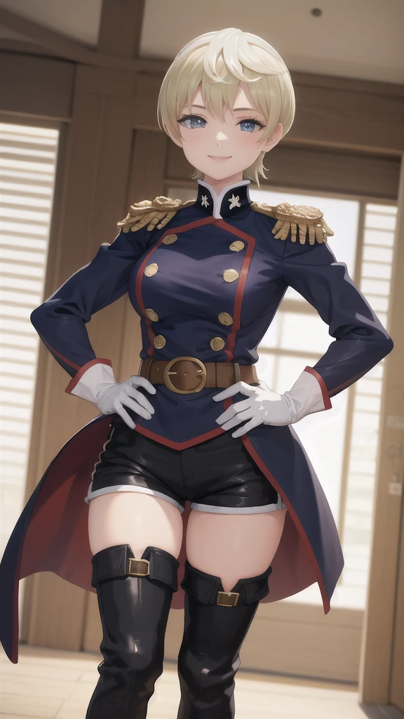 masterpiece, best quality, absurdres, perfect anatomy, 1girl, solo, TenkaIzumo, military uniform, coat, black shorts, epaulettes, brown belt, thigh boots, white gloves, smile, hands on hips, indoors, 