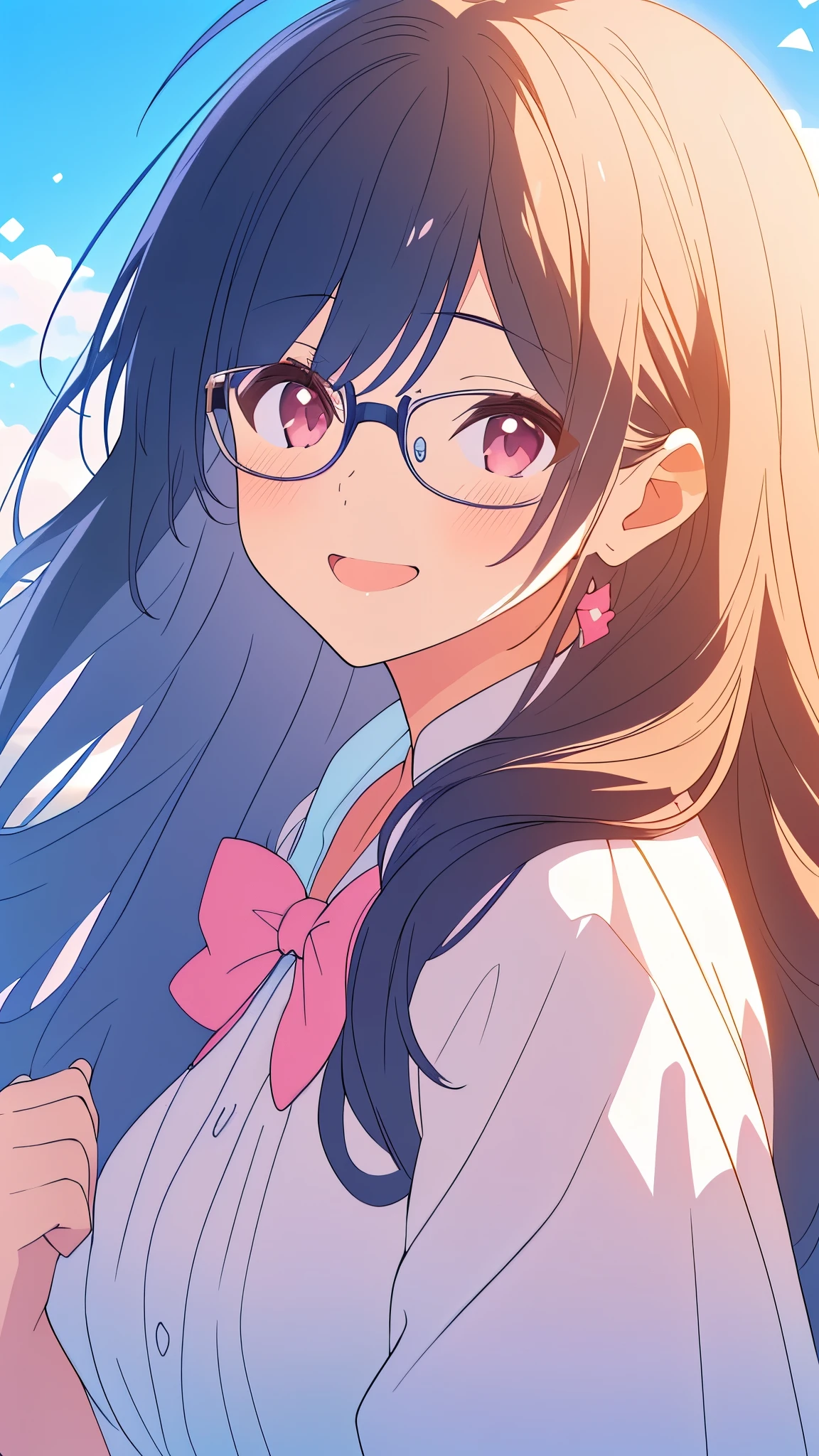 Girl, blue sky and white clouds, wearing silver glasses, happy, happy, reddish cheeks, black hair, wearing pink bow headband, perfect quality, clear focus (clutter - home: 0.8), (masterpiece: 1.2) (Realistic: 1.2) (Bokeh) (Best quality) (Detailed skin: 1.3) (Intricate details) (8K) (Detail eyes) (Sharp focus), (Happy)
