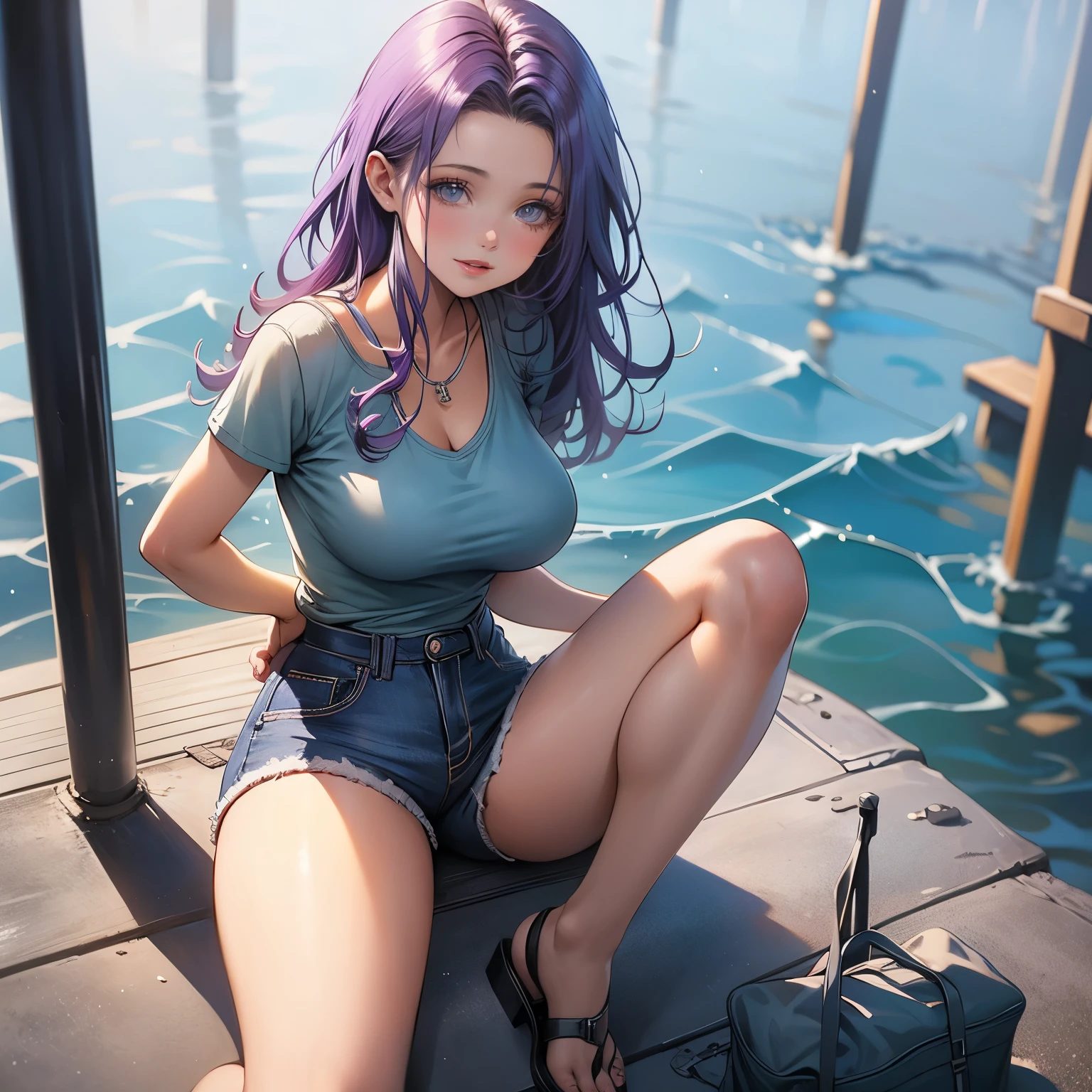 (masterpiece), best quality, 1girl, expressive eyes, perfect face, (purple hair), perfect anatomy, full body, 4k, HDR, full HD, solo, she is wearing a tight blue t-shirt made of breathable material, she is wearing denim shorts, She wears light sandals, she is sitting on the edge of a pier, with her hands on a fishing rod, she is waiting to catch some fish,