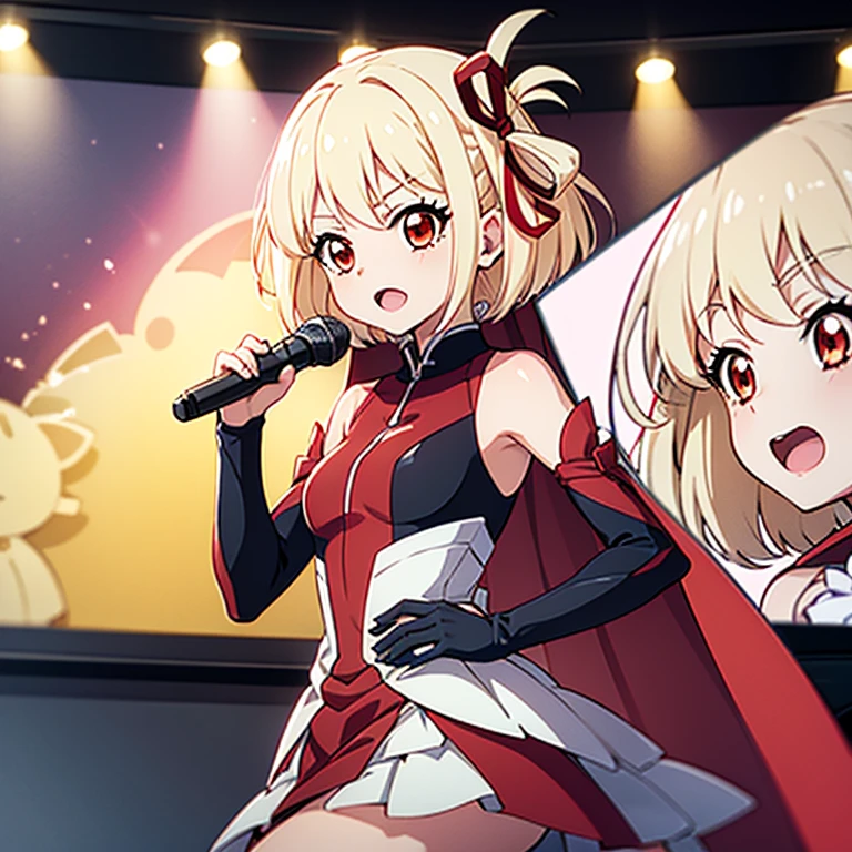 (Red ribbon for hair:1.2),Aikatsu,1 Girl,Senki Zesshou Symphogear Style , Blonde long hair, Cat hair,    ,Black and pink battle suit,break,Ultra Definition, High resolution, Super detailed CG,Caustics, Live Stage, Singing on the giant screen in front, Stand microphone ,