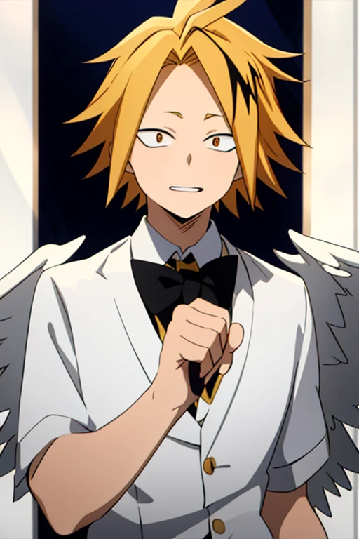 masterpiece, best quality, high quality, 1boy, solo, male focus, looking at viewer, upper body, kaminari_denki, blonde hair, multicolored_hair, angel wings, celestial angel costume