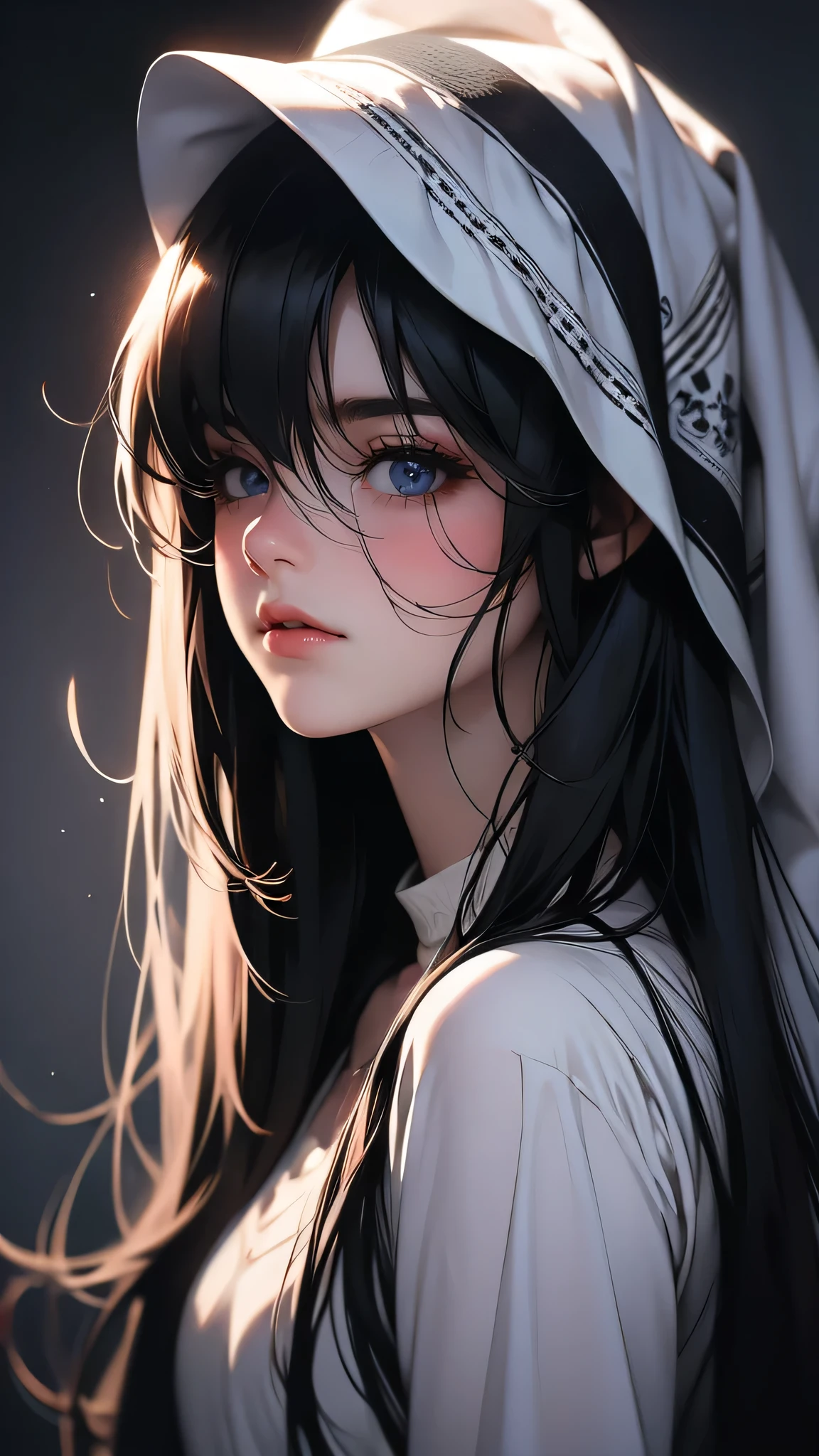 ((Masterpiece)), envision a 8k, highres, cinematic, extremely beautiful semi realistic close up portrait of a beautiful lady with a soft face, shy face, sad face,((hair over both eyes)), (((hair covering both eyes))), slender body, athletic body, mean face, frown, long white dress, armour, ((long black hair)), blush, smile, flustered, side locks, long bangs, round face, long sweeping bangs, blue eyes, soft lips, lip gloss, thick eyebrows, round face, ((((1girl)))), in dark lighting, against a dark gray background