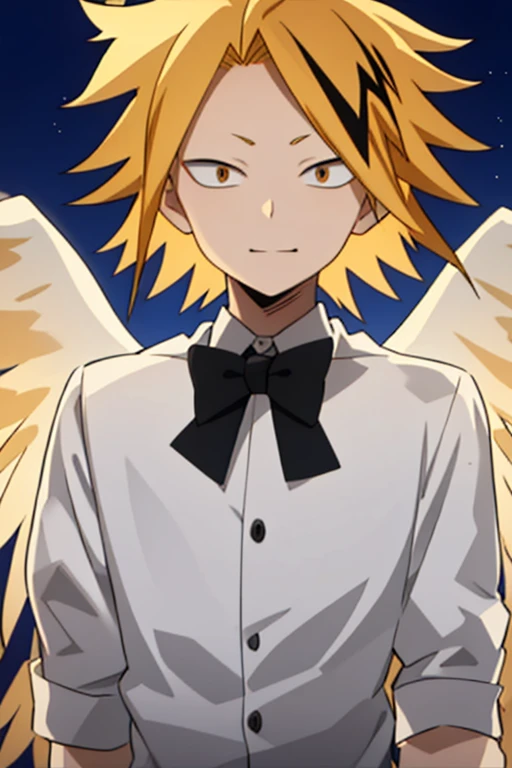 masterpiece, best quality, high quality, 1boy, solo, male focus, looking at viewer, upper body, kaminari_denki, blonde hair, multicolored_hair, angel wings, celestial angel costume prince