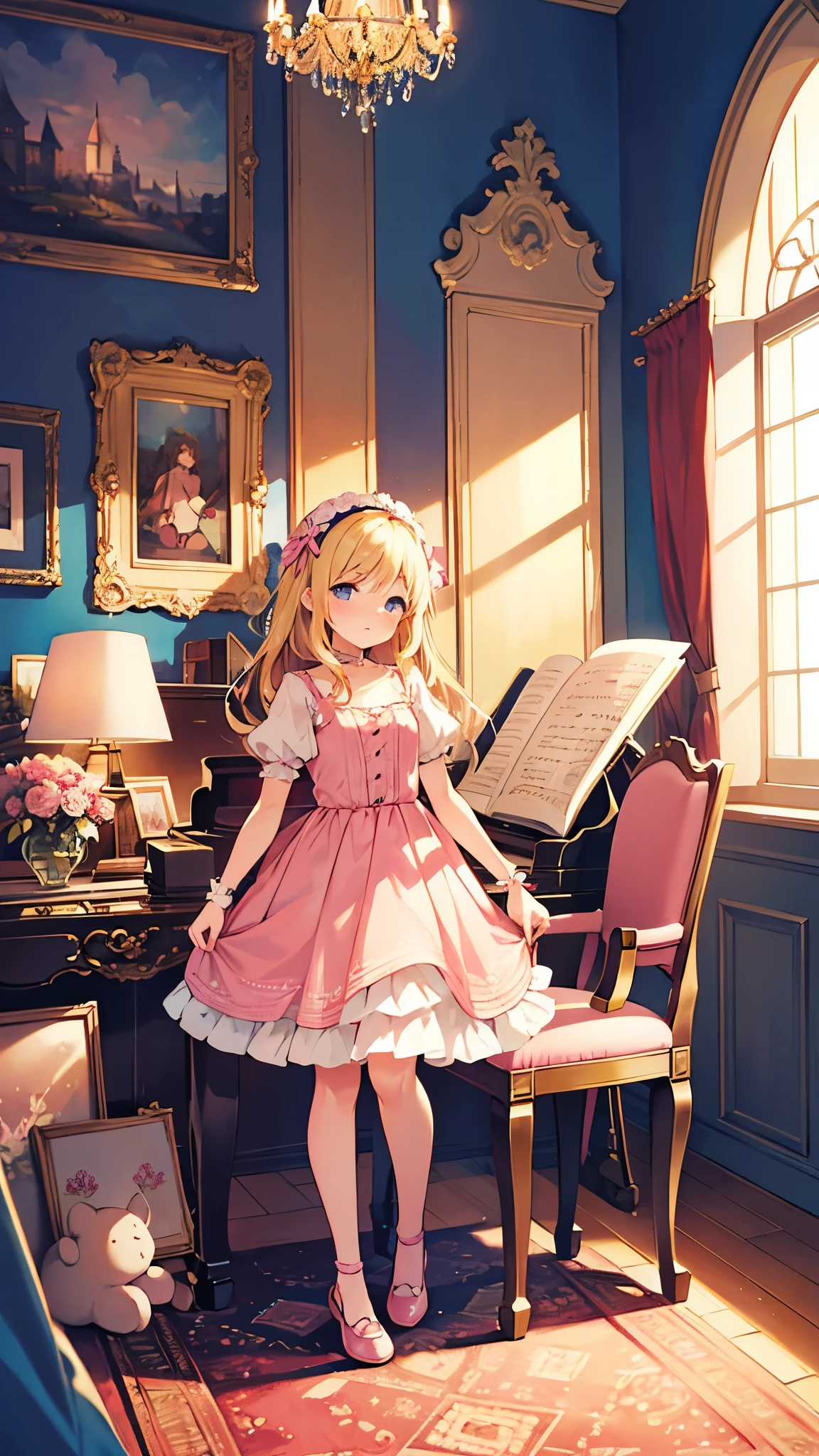 A blonde girl is playing a light pink piano in her room. The girl is very close in the image. She has a blue tape in the hair. The room is decorated with flowers and windows in a Renaissance style with antique furniture, including dolls and shuttlecocks. The lighting is soft, coming from lamps, creating a gentle ambiance. The girl's attire is old-fashioned, and the color palette of the image is pastel, harmonizing with the pink piano. The image is in anime style.