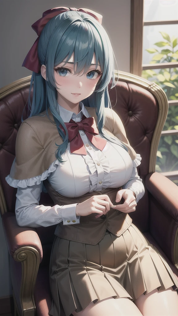 ((((masterpiece, extremely detailed, best quality)))), illustration, indoor, chair, (simple background), (cowboy shot), soft lighting, stylized, (liselottecretia), 1girl, blue hair, (long hair, hair between eyes, hair ribbon), blue eyes, (looking at viewer:1.2), (light smile), (blush:1.2), lower body, (white shirt, red bowtie, frills, brown vest, capelet, skirt), (large breasts:1.2), sitting, sitting on chair