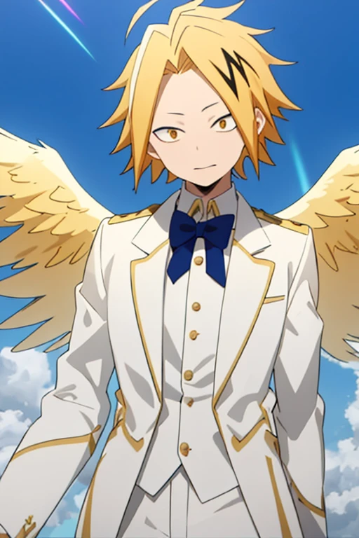 masterpiece, best quality, high quality, 1boy, solo, male focus, looking at viewer, upper body, kaminari_denki, blonde hair, multicolored_hair, angel wings, celestial angel costume prince Color all white and gold, Background: sky with celestial clouds