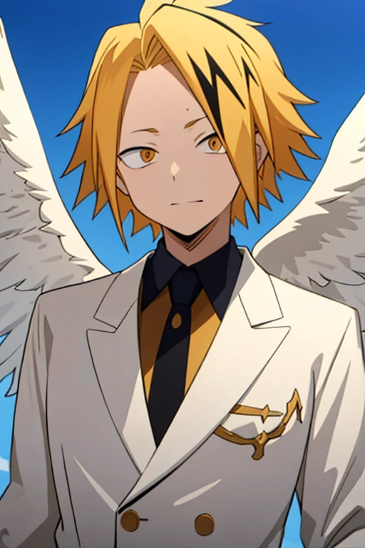 masterpiece, best quality, high quality, 1boy, solo, male focus, looking at viewer, upper body, kaminari_denki, blonde hair, multicolored_hair, angel wings, celestial angel costume prince Color all white and gold, Background: sky with celestial clouds