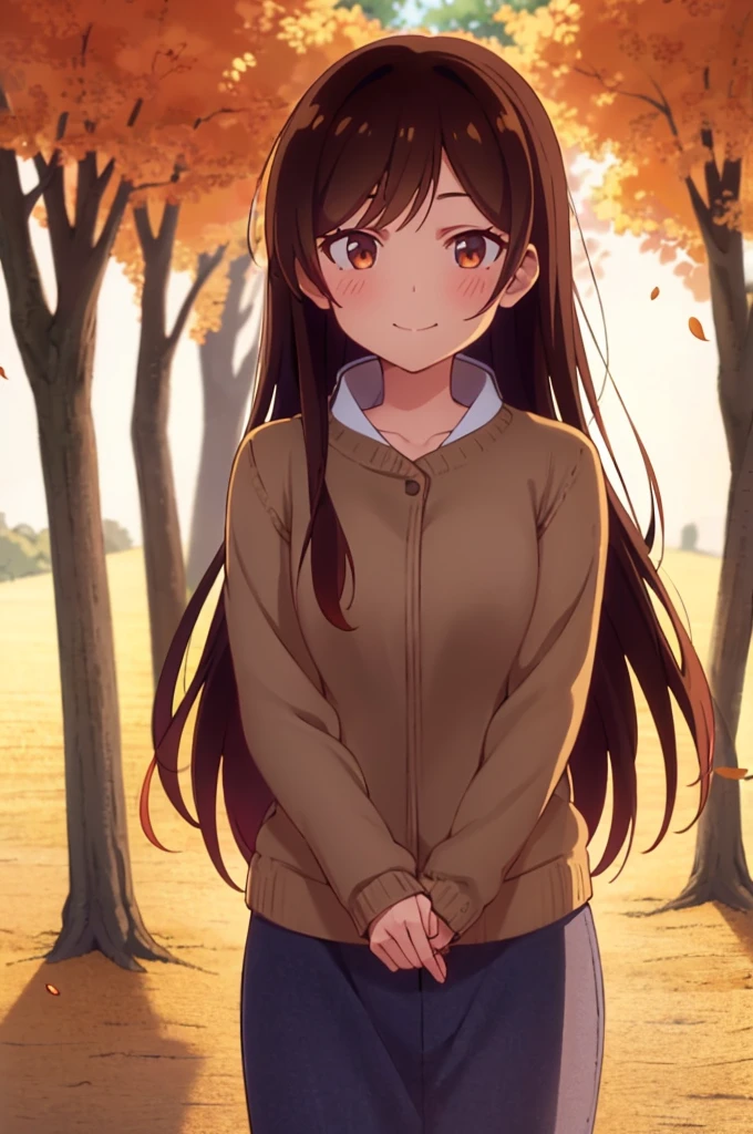 1 girl, alone, chizuru mizuhara, masterpiece, best quality, 8k wallpaper, beautiful detailed eyes, 1 girl, long hair, looking at viewer, blushing, brown hair, brown eyes. Light smile, autumn ambience, outdoors, falling leaves.