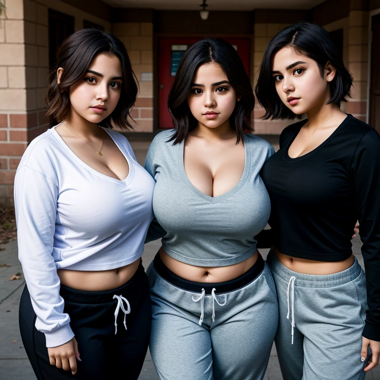 2girls, realistically detailed, cute busty Latina emo teens sisters, short high volume hair, long sleeve v neck T-shirt with sweatpants, slightly chubby, voluptuous breasts with deep cleavage, full body close up photo, standing in a haunted school,