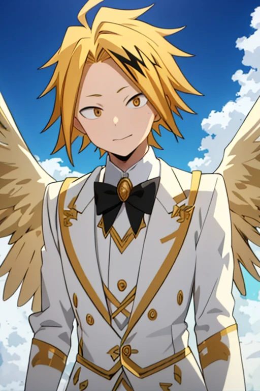 masterpiece, best quality, high quality, 1boy, solo, male focus, looking at viewer, upper body, kaminari_denki, blonde hair, multicolored_hair, angel wings, celestial angel costume prince Color all white and gold, Background: sky with celestial clouds