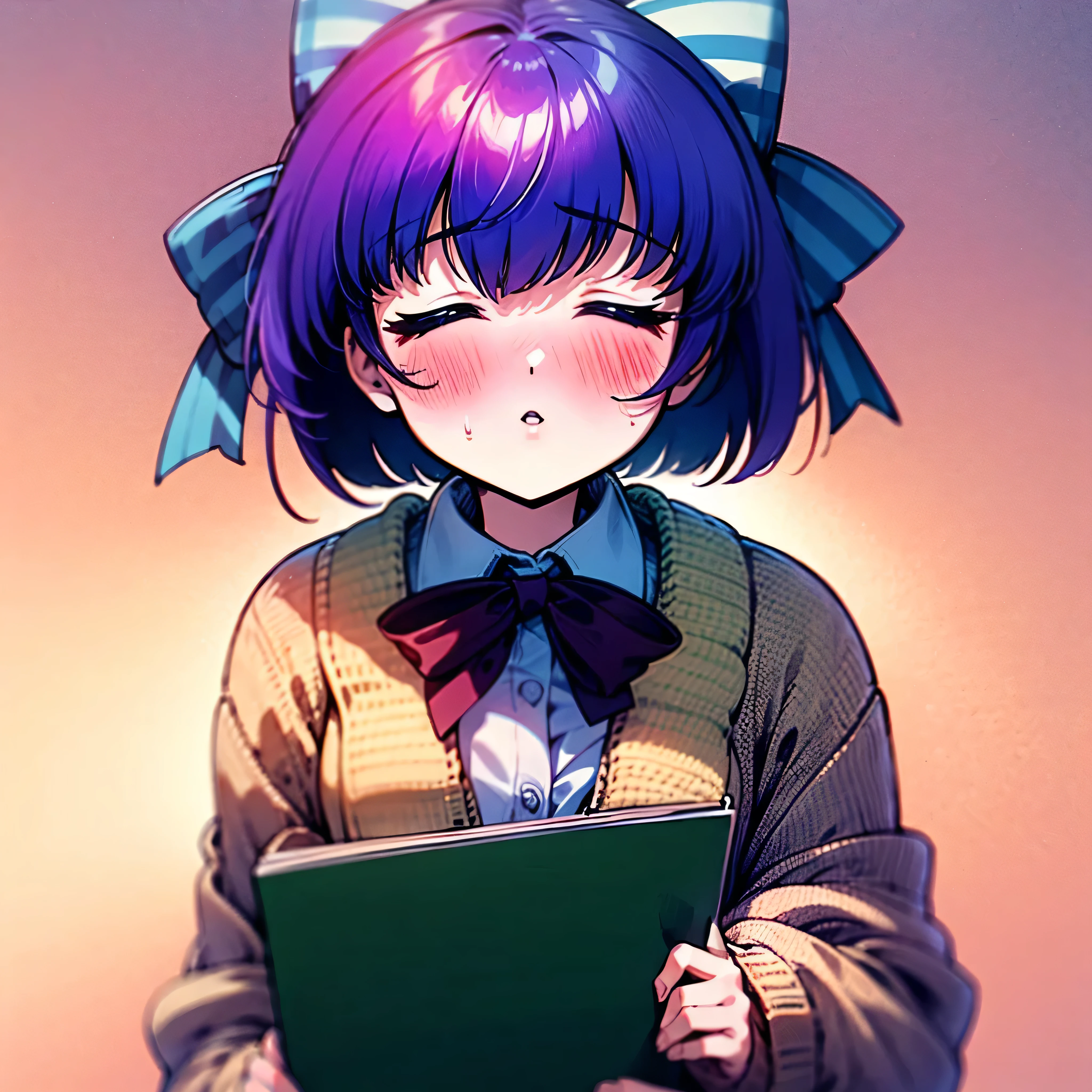 1girl, solo, kouzuki mio, school uniform, closed eyes, incoming kiss, purple hair, large blue stripped hair ribbon, white shirt with red bow, beige cardigan sweater, school gymnasium background, holding a green notebook with both hands, blushing intensely, parted lips, lustful, upper body