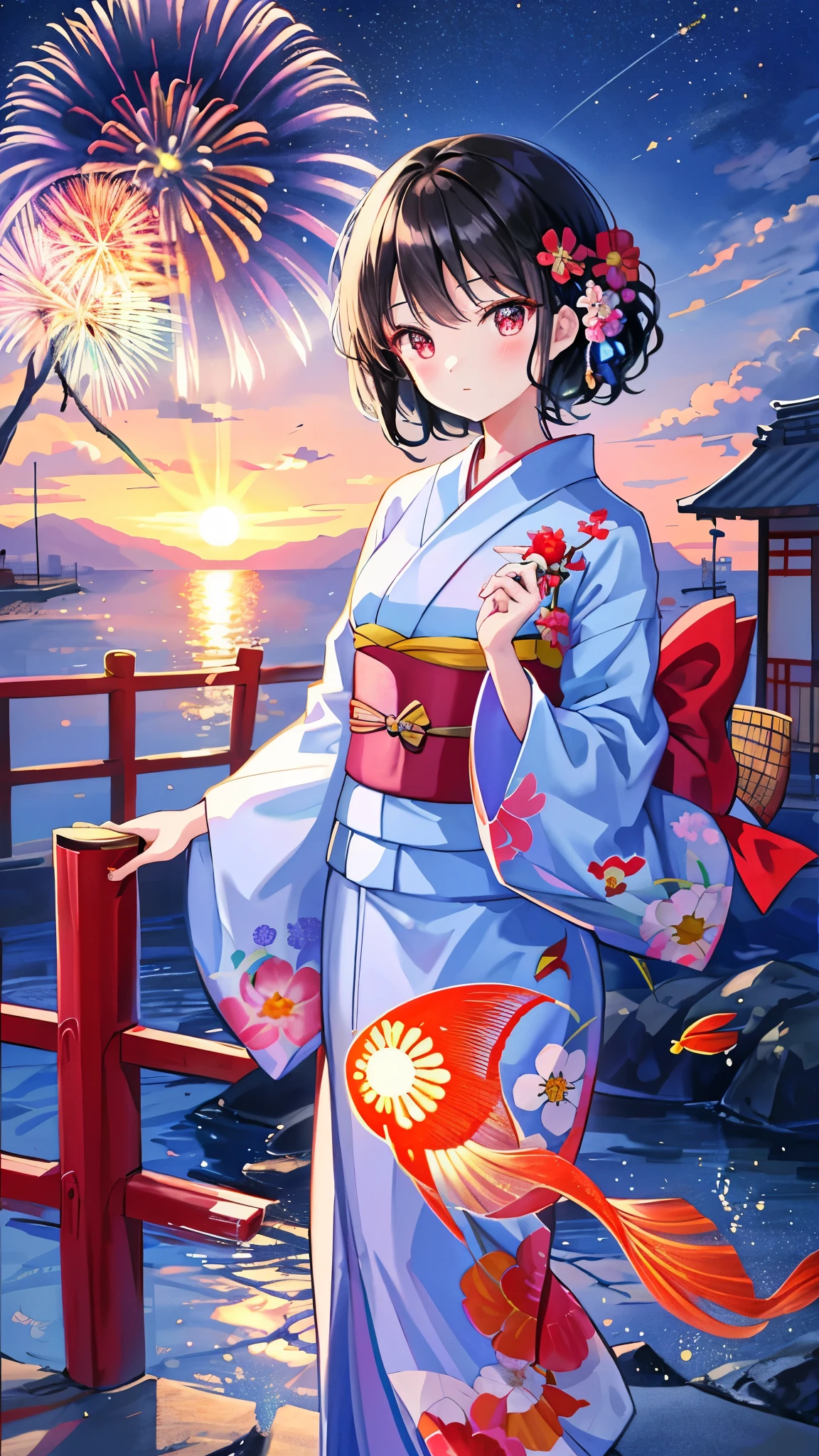 ((sexy cute mini kimono and elegant beautiful white laced panties)),
Full body,Looking back,♥(Japanese beautiful flower printed kimono,yukata),((1girl,cute,young,semi long beautiful black hair,blunt bangs,twin tales,beautiful eyes)),(solo),((masterpiece, highest resolution,best quality)), (beautiful illustration),(Japanese beautiful flower printed kimono,yukata),sitting on the beach bench,waves,fireworks,night sky,full moon,shooting star,(innocent cute laugh,teeth),