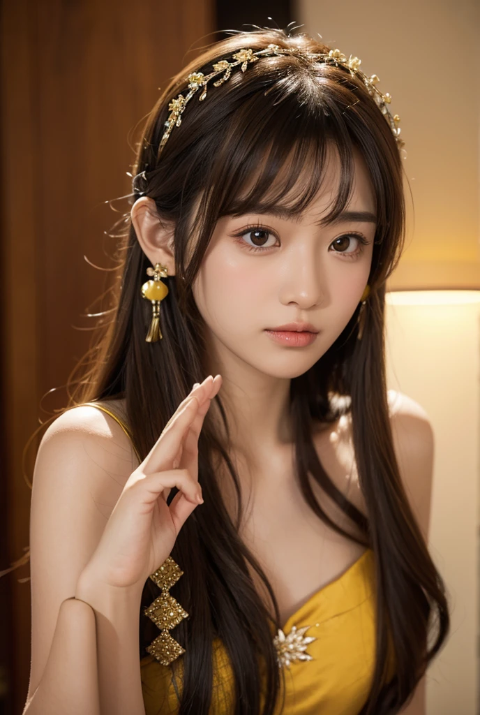Bust Shot,Orange Sleeveless Dress Style,Frilly dress,ruffled edges, layered,Accessories: Flower hairpiece, ribbon, fitted body,Commercials for luxury cosmetics style,Commercial filming studio,The background is all gray,Body in front,fully body photo,masutepiece, The highest image quality, High quality, the background is clear,Beautiful woman, Japanese, Detailed, Ultra-detailed, finely detail, hight resolution, 8K Wallpaper, Perfect dynamic composition, Beautiful detailed eyes ,Detailed eyes, Detailed skin, Beautiful skin, 超hight resolution, (reality: 1.4),Very beautiful woman, Slightly younger face, Beautiful skin, slender, (Ultra photo realsisim), (hight resolution), (8K), (Very detailed) (beautifully detailed eyes), (super detailed), (Detailed face), view the viewer, Fine details, Detailed face, Staring straight ahead, Staring straight ahead, photos realistic, Bright lighting, Professional Lighting, Black hair,poneyTail,a baby face,sixteen years old,Hairstyle: ponytail,Long ponytail hairstyle,slight smile,