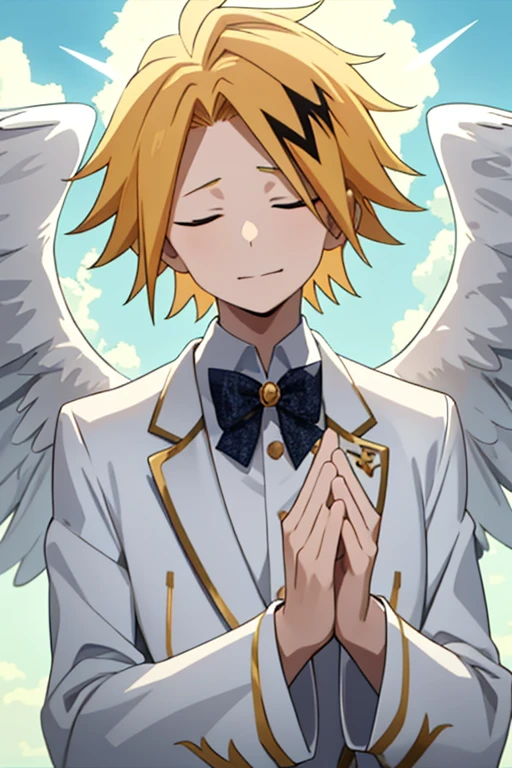 masterpiece, best quality, high quality, 1boy, solo, male focus, looking at viewer, upper body, kaminari_denki, blonde hair, multicolored_hair, angel wings, celestial angel costume prince Color all white and gold, Background: sky with celestial clouds, big wings, Hands clasped in prayer, eyes closed, Golden halo, white wings, look down