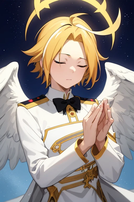 masterpiece, best quality, high quality, 1boy, solo, male focus, looking at viewer, upper body, kaminari_denki, blonde hair, multicolored_hair, angel wings, celestial angel costume prince Color all white and gold, Background: sky with celestial clouds, big wings, Hands clasped in prayer, eyes closed, Golden halo, white wings, look down