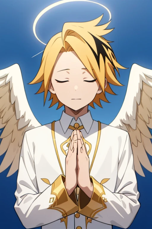 masterpiece, best quality, high quality, 1boy, solo, male focus, looking at viewer, upper body, kaminari_denki, blonde hair, multicolored_hair, angel wings, celestial angel costume prince Color all white and gold, Background: sky with celestial clouds, big wings, Hands clasped in prayer, eyes closed, Golden halo, white wings, look down