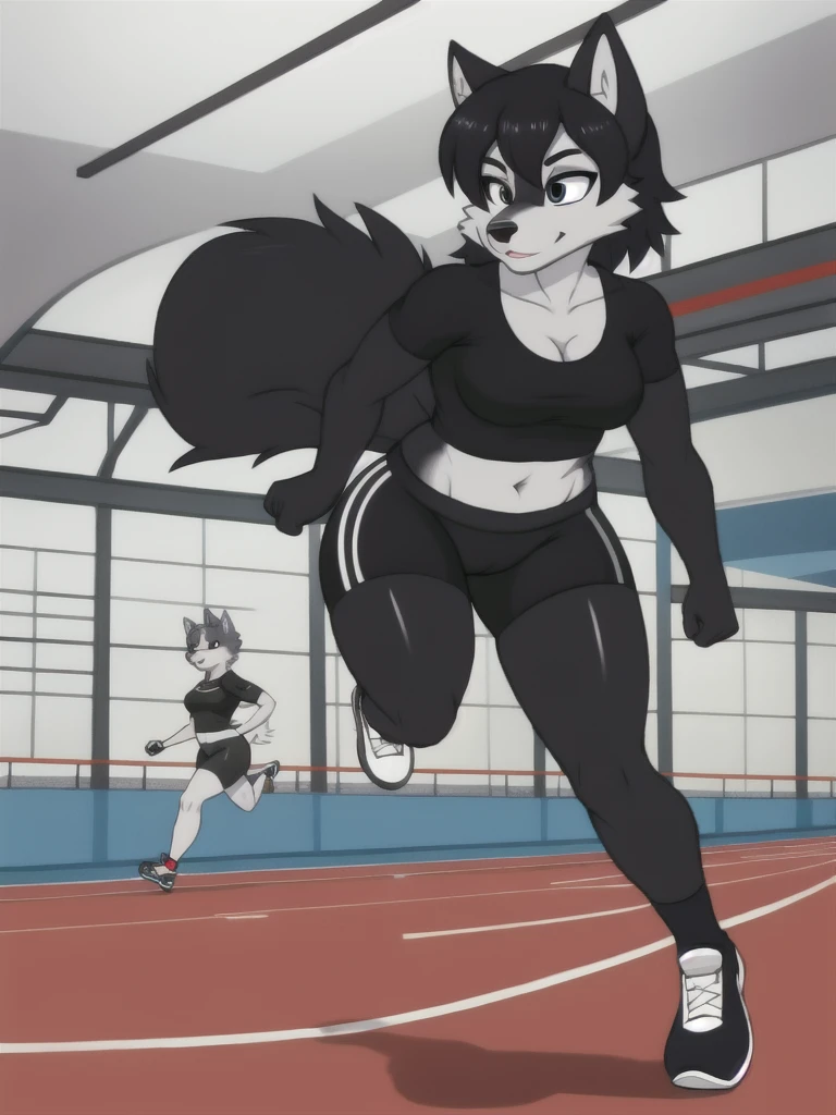 Furry, wolf, female, black shirt, black spandex bike shorts, shoes, indoor running track, solo, full body