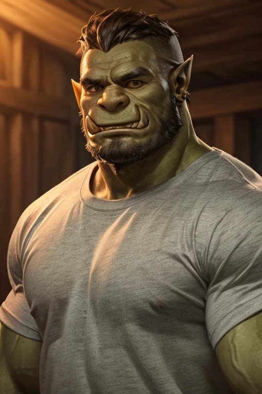 (Male). (Solo). (Close-up:1.2). A handsome ((lime Orc)), handsome face, beautiful face, (happy face, happy mood, gentle expression:1.2). (Young male). (wearing sweatpants, t-shirt). ((short curly hair, short beard)), (amber eyes). standing. Dynamic lighting. looking at the viewer. (4K, HD, OUTLINE).