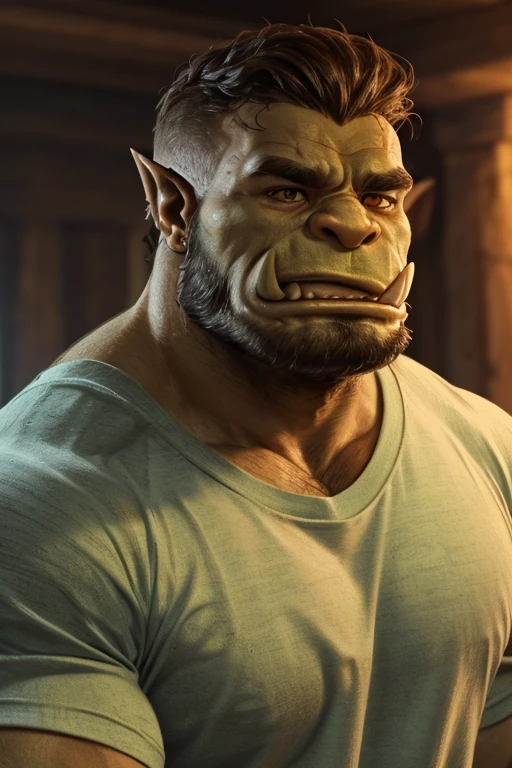 (Male). (Solo). (Close-up:1.2). A handsome ((lime Orc)), handsome face, beautiful face, (happy face, happy mood, gentle expression:1.2). (Young male). (wearing sweatpants, t-shirt). ((short curly hair, short beard)), (amber eyes). standing. Dynamic lighting. looking at the viewer. (4K, HD, OUTLINE).