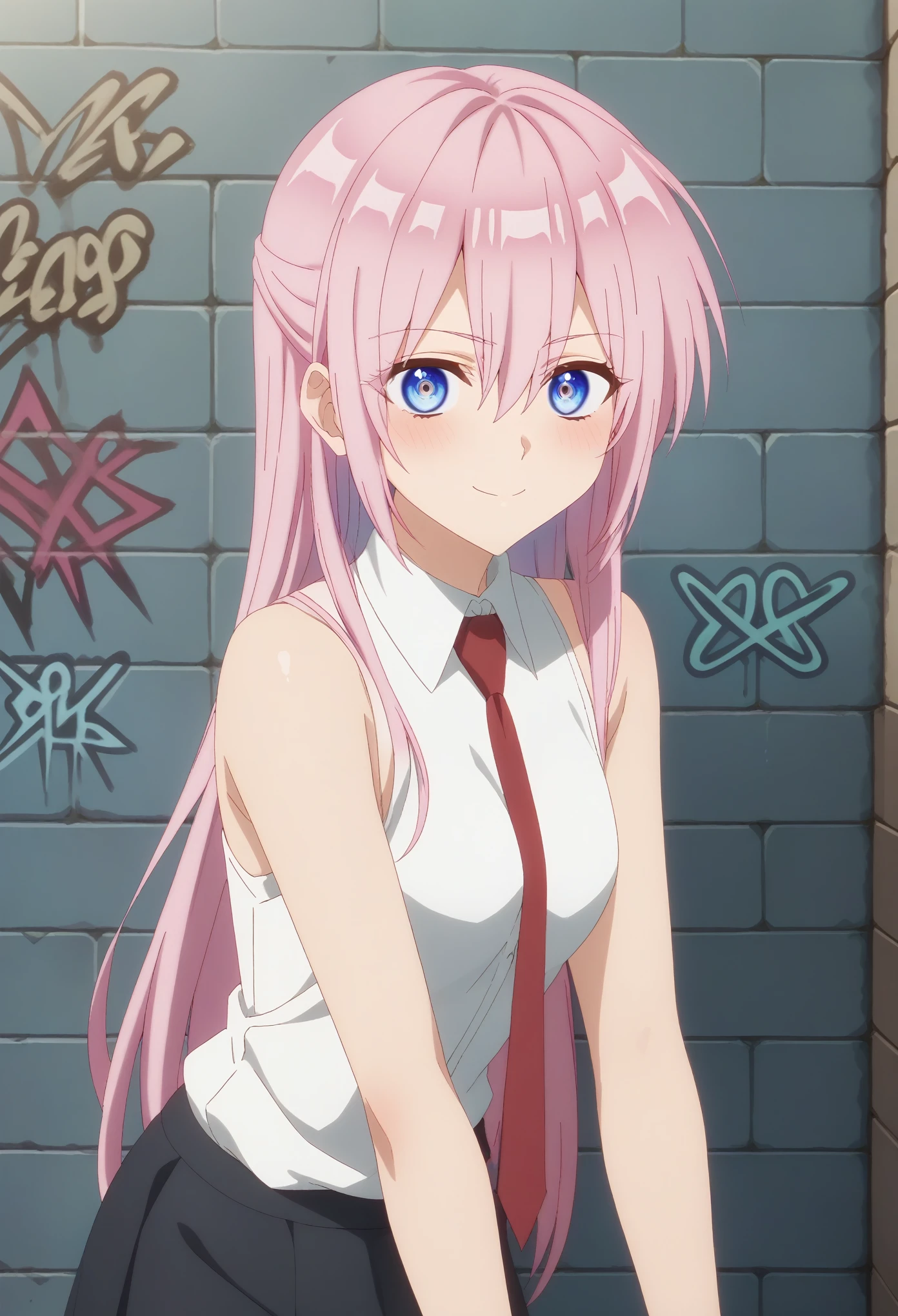 score_9, score_8_up, score_7_up, sauce_anime, ambient light,                                                                                                                                                                            
Kawaii Dake Janai Shikimori-san ,shikimori miyako, ,1girl , pink hair, long hair, blue eyes, hair between eyes, bangs, clavicle, cleavage, bare arms, sleeveless shirt, white shirt, collared shirt, red tie, black skirt, mini skirt, (small breasts), outdoors, serious face, sharp eyes, smile, blush, leaning the wall, hands in behind, graffiti wall, dutch angel, leaning forward, from side pov