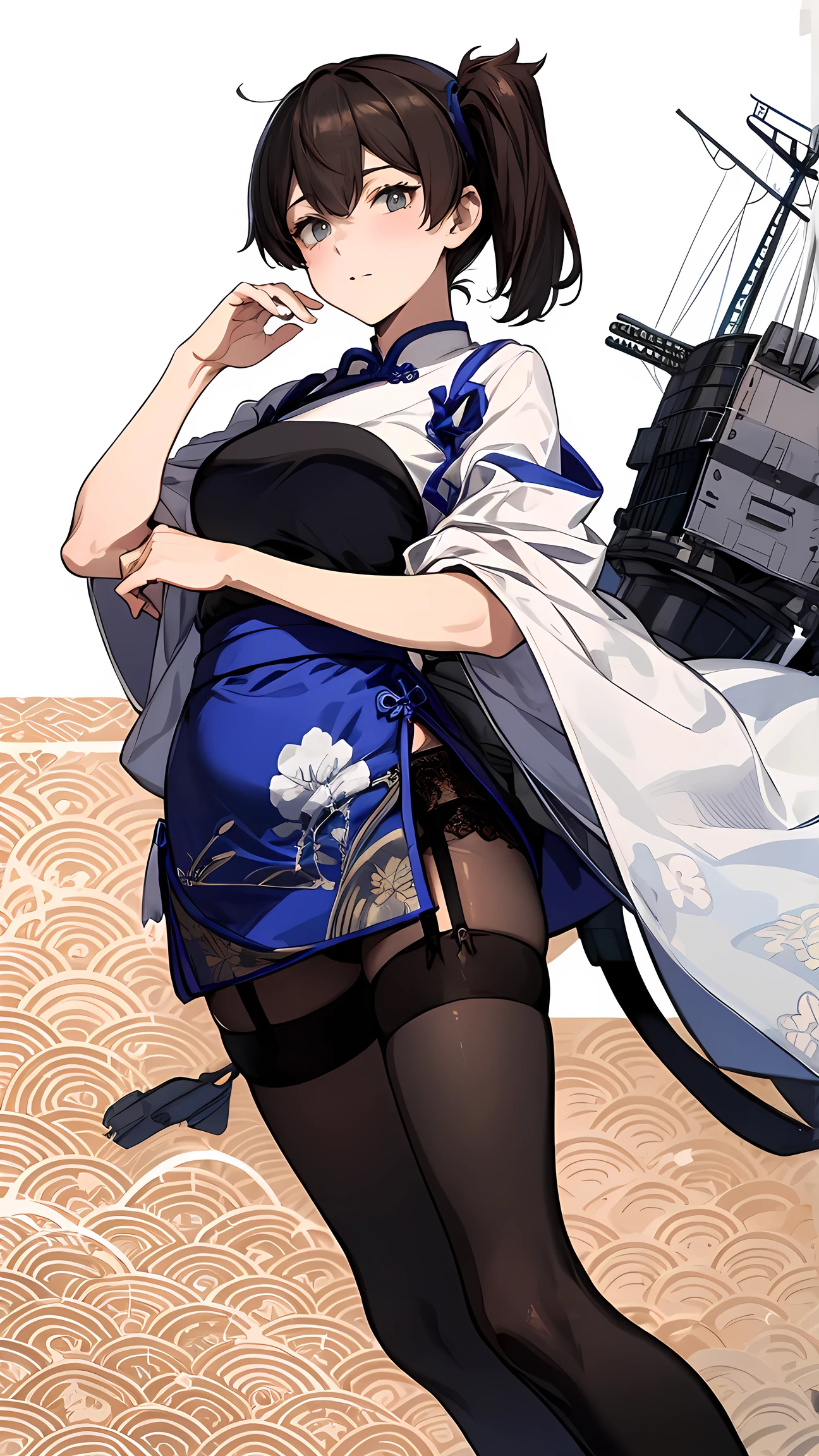 (masterpiece, highest quality) detailed, kaga (kancolle), {{kaga kai ni (kancolle)}}, side ponytail, brown eyes, black long hair, (Blue Simple Qipao), whole body,Chinese element pattern，black Net tights and garter belt