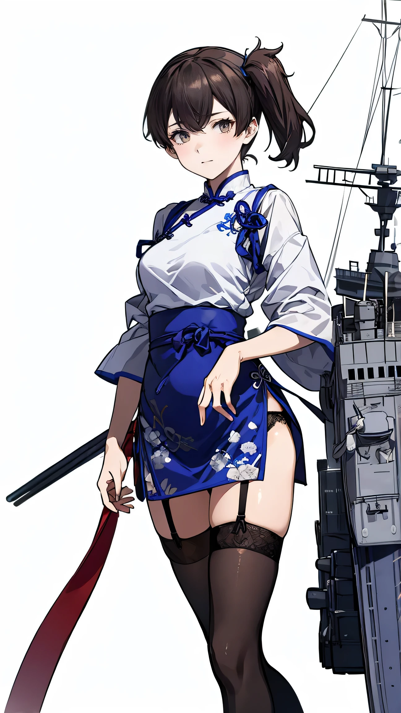 (masterpiece, highest quality) detailed, kaga (kancolle), {{kaga kai ni (kancolle)}}, side ponytail, brown eyes, black long hair, (Blue Simple Qipao), whole body,Chinese element pattern，black Net tights and garter belt