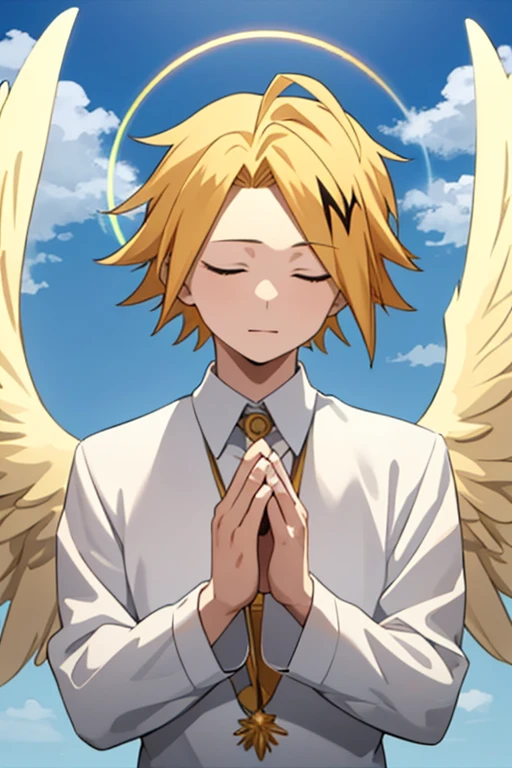 masterpiece, best quality, high quality, 1boy, solo, male focus, looking at viewer, upper body, kaminari_denki, blonde hair, multicolored_hair, angel wings, celestial angel costume prince Color all white and gold, Background: sky with celestial clouds, big wings, Hands clasped in prayer, eyes closed, Golden halo, white wings, look down