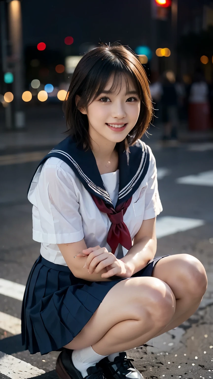 (Young and gorgeous Japanese idol, Wet服を着て , Wet,   JKのuniform, (Sailor school uniform:1.2), uniform,Navy pleated mini skirt, Red ribbon, red bowtie sailor hat, Knee-high socks, Ticker_sneakers, Tokyo Shibuya, Scramble intersection, Urban area, Night Sky, squat, Or sit with your legs together,

(RAW shooting),(Vivid color saturation),1 girl,1,Flat bangs、smile、Blurred background,Lace dress、Night view、Light up、Princess-like, sexy,

Casual expression, 優しいsmile, Dimpled Cheeks, Cute teeth alignment, Short Bob Hair, Double Ponytail, Symmetrical face, Realistic and detailed face Beautiful eyes, Beautiful detailed eyes, Long legs, Perfect Body Proportions, Beautiful breasts RAW photos, Realistic, Realistic portraits, Hyperrealism, 高コントラストUltra-high resolution,  Realistic skin textures, High quality images, Best Quality, Ultra-high resolution, Delicate details, Very carefully, masterpieceVivid colors, Mid Shot, Close-up shot, Cowboy Shot, High angle shot, Professional Lighting, Bokeh_background, software, Safe for Work)