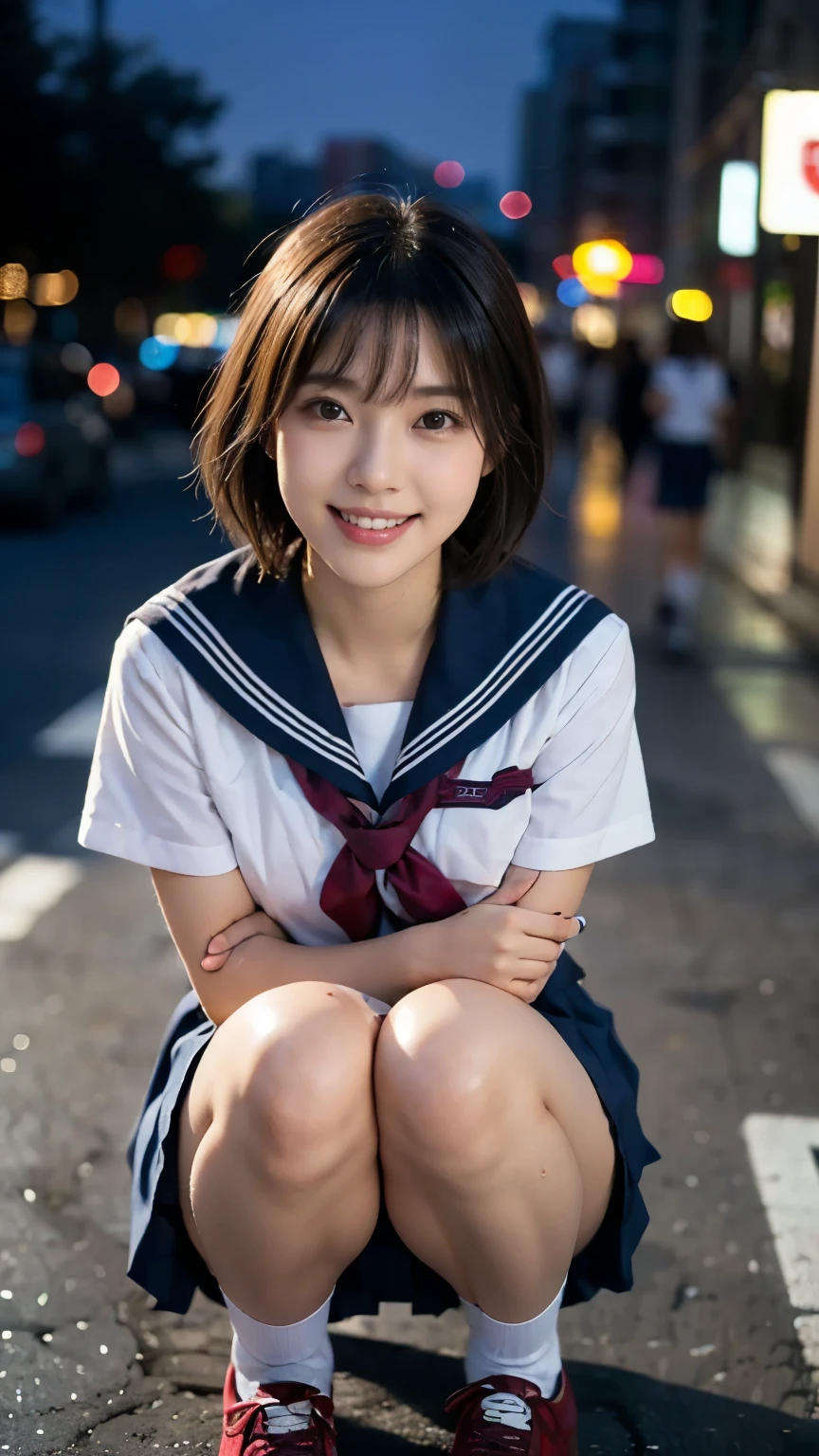 (Young and gorgeous Japanese idol, Wet服を着て , Wet,   JKのuniform, (Sailor school uniform:1.2), uniform,Navy pleated mini skirt, Red ribbon, red bowtie sailor hat, Knee-high socks, Ticker_sneakers, Tokyo Shibuya, Scramble intersection, Urban area, Night Sky, squat, Or sit with your legs together,

(RAW shooting),(Vivid color saturation),1 girl,1,Flat bangs、smile、Blurred background,Lace dress、Night view、Light up、Princess-like, sexy,

Casual expression, 優しいsmile, Dimpled Cheeks, Cute teeth alignment, Short Bob Hair, Double Ponytail, Symmetrical face, Realistic and detailed face Beautiful eyes, Beautiful detailed eyes, Long legs, Perfect Body Proportions, Beautiful breasts RAW photos, Realistic, Realistic portraits, Hyperrealism, 高コントラストUltra-high resolution,  Realistic skin textures, High quality images, Best Quality, Ultra-high resolution, Delicate details, Very carefully, masterpieceVivid colors, Mid Shot, Close-up shot, Cowboy Shot, High angle shot, Professional Lighting, Bokeh_background, software, Safe for Work)