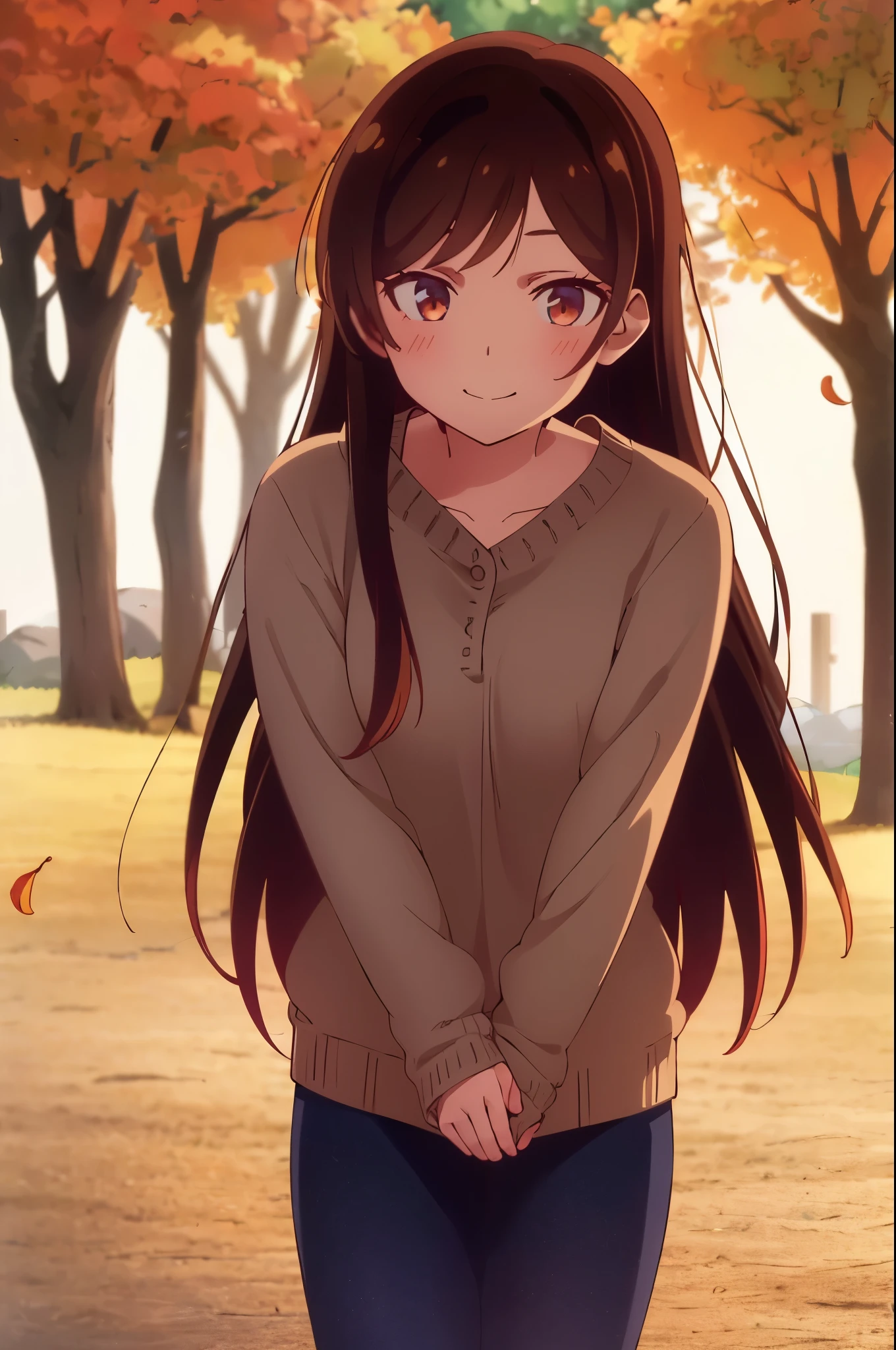 1 girl, alone, chizuru mizuhara, masterpiece, best quality, 8k wallpaper, beautiful detailed eyes, 1 girl, long hair, looking at viewer, blushing, brown hair, brown eyes. Light smile, autumn ambience, outdoors, falling leaves.