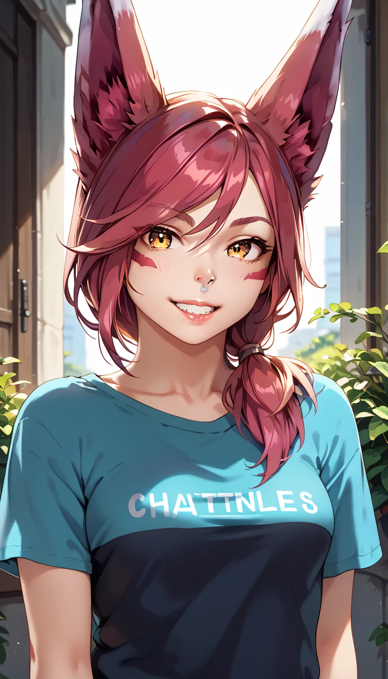 score_9, score_8_up, score_7_up, 1girl, ChiguchiMP, masterpiece, best quality, ultra high res, smiling, happy, (detailed eyes:1.2), Xayah,t-shirt,  animal ears, yellow eyes, pierced nose, casual clothes, portrait, stunning, hair over shoulder, hoodless, beautiful, 4