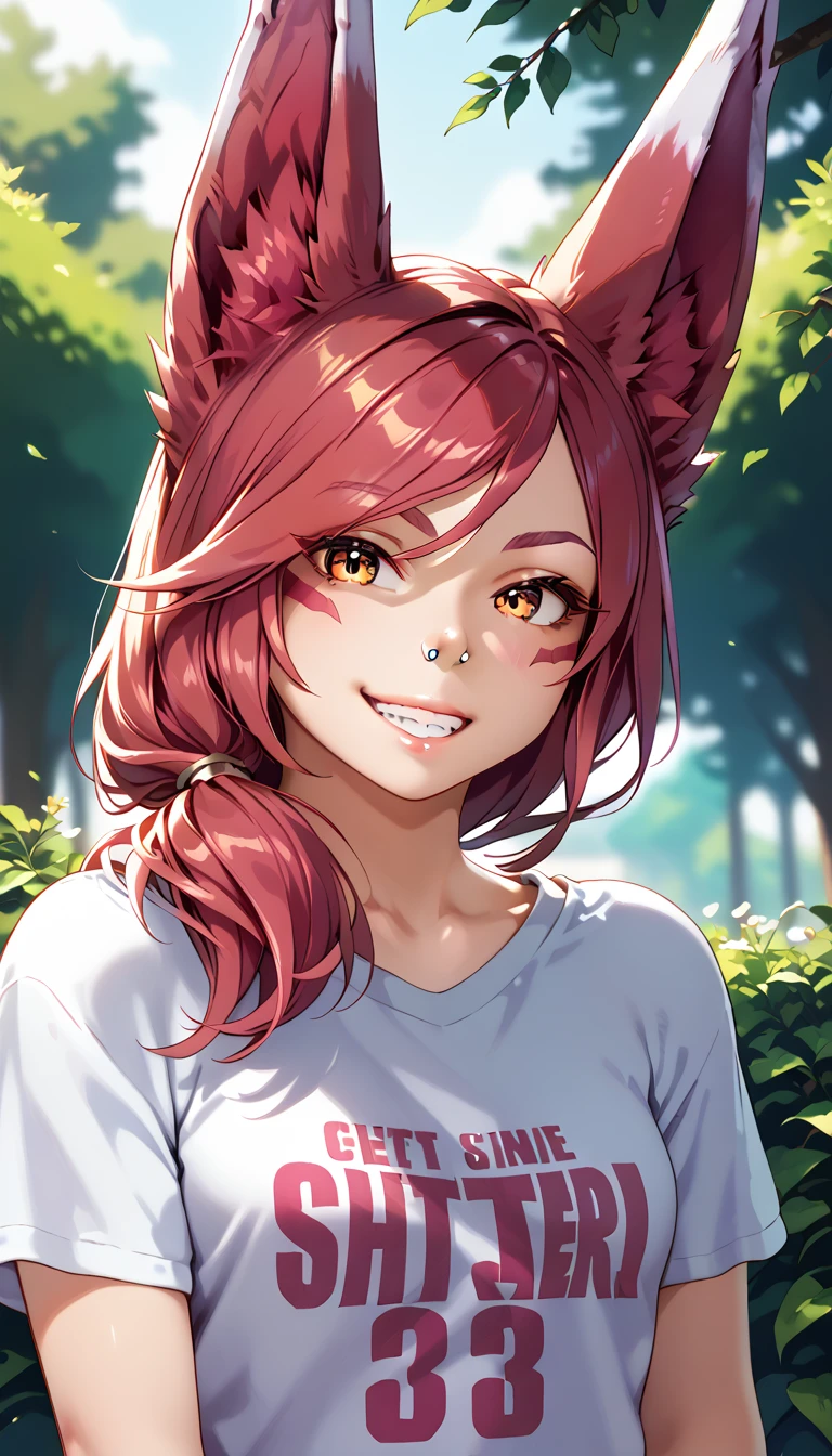 score_9, score_8_up, score_7_up, 1girl, ChiguchiMP, masterpiece, best quality, ultra high res, smiling, happy, (detailed eyes:1.2), Xayah,t-shirt,  animal ears, yellow eyes, pierced nose, casual clothes, portrait, stunning, hair over shoulder, hoodless, beautiful, 4