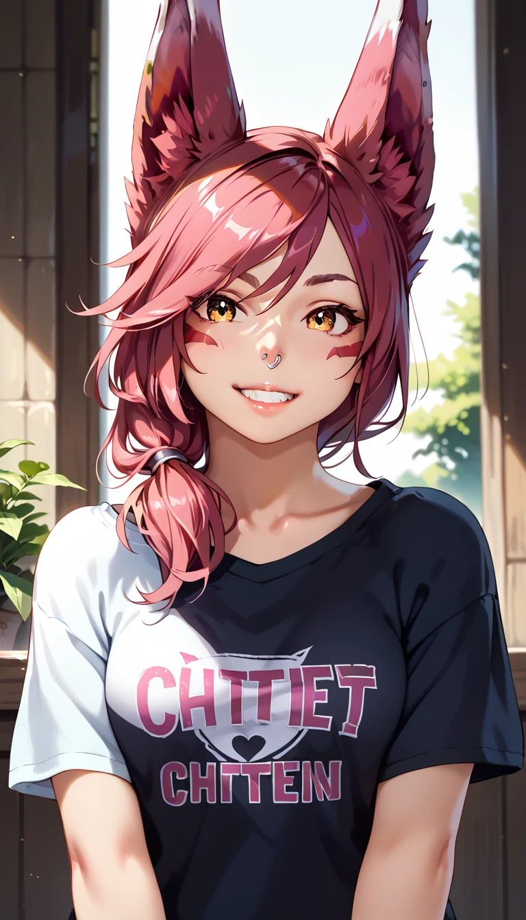 score_9, score_8_up, score_7_up, 1girl, ChiguchiMP, masterpiece, best quality, ultra high res, smiling, happy, (detailed eyes:1.2), Xayah,t-shirt,  animal ears, yellow eyes, pierced nose, casual clothes, portrait, stunning, hair over shoulder, hoodless, beautiful, 4