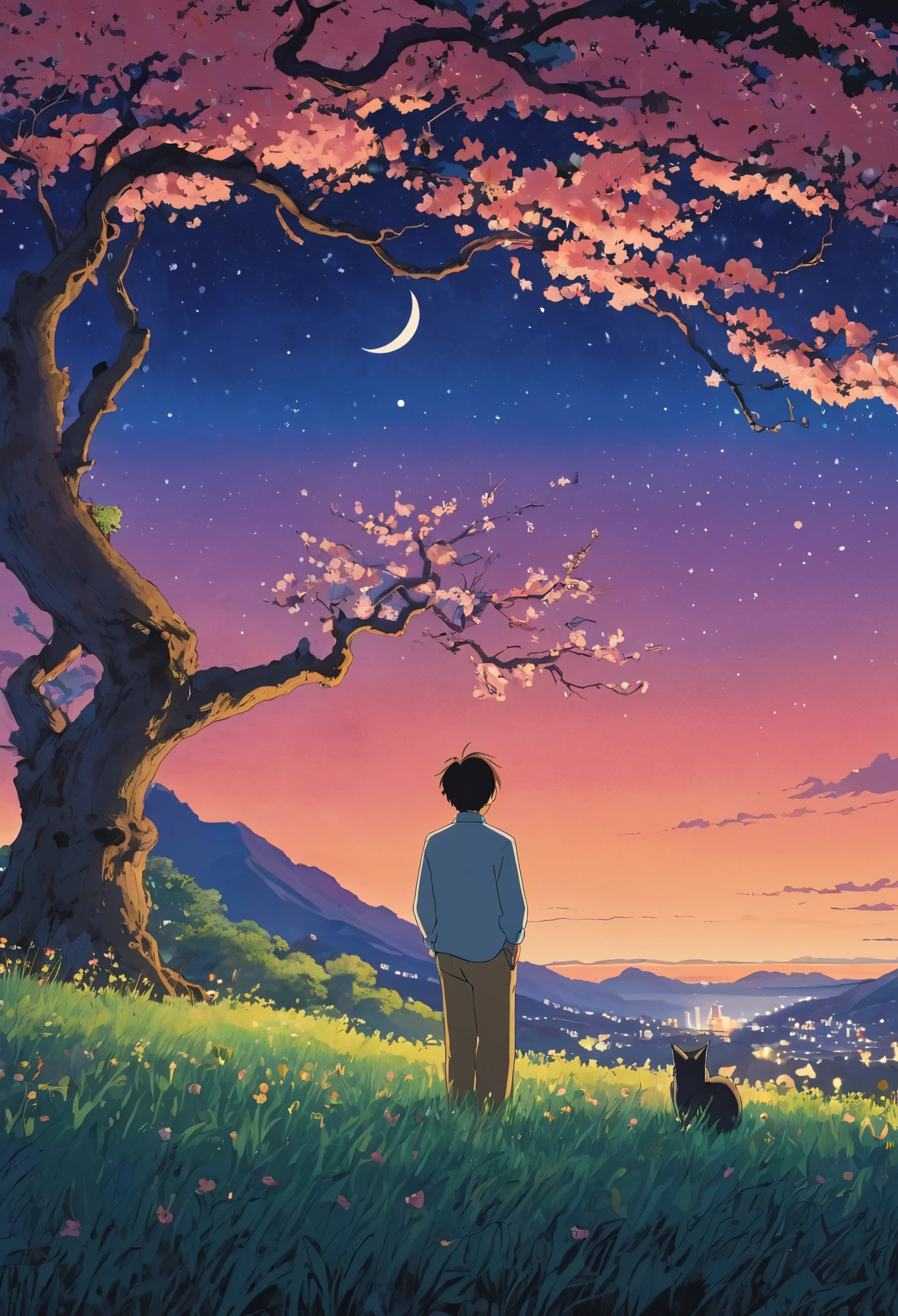 [Core Philosophy] A dreamlike image, energetic, meticulous illustrations, inspired by the style of Hayao Miyazaki, depicting a peaceful night scene. [Character description] In the foreground, a man leaning against a peach tree, His presence adds a sense of tranquility and contemplation to the scene.. [Around/bottom] El bottom es una sorprendente mezcla de tonos suaves de rosa y púrpura, which creates a surreal and captivating atmosphere, surrounded by twinkling stars. [Style and atmosphere] This illustration is executed with a high degree of artistic complexity., evokes the whimsical and imaginative qualities of Hayao Miyazaki&#39;s signature anime style, which injects a dreamy and charming atmosphere into the scene. [The composition] Composition that uses the vanishing point technique, which draws the viewer&#39;s eye into the depth of the scene and creates a sense of depth and perspective。[Details and Decoration] Delicate floral elements in the foreground add a touch of natural beauty, vivid, Highly saturated colors and attention to detail in all illustrations help enhance their visual impact and immersive quality.。。【Technical specifications】The images are presented in 8K resolution, vivid in RGB color space, high contrast palette, The result is a stunning, high-fidelity visual experience..
