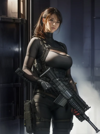 Highest quality、Amazing details、Ultra-high resolution、（realism：1.4）、（（close：0.75））、One woman is very condensed、Beautiful and delicate face、Perfect Proportions、Narrow your target audience、Large Breasts）、Brown Hair、（White Tech Suit）、（Cyborg vs. police uniform、、、Black and grey mech、Military Harness、RPG-7、Hitch Tech Flamethrower Tank Transport）、The background is a simple grey wall、