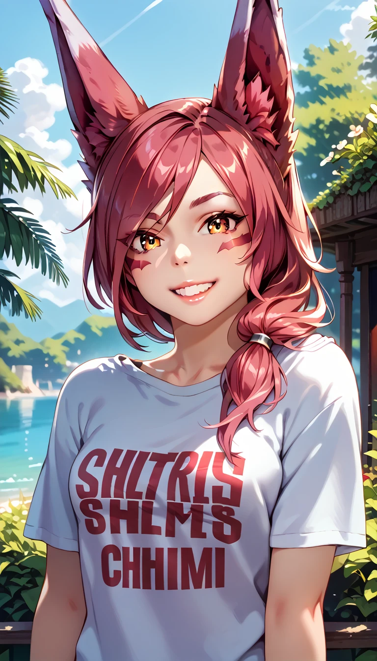 score_9, score_8_up, score_7_up, 1girl, ChiguchiMP, masterpiece, best quality, ultra high res, smiling, happy, (detailed eyes:1.2), Xayah,t-shirt,  animal ears, yellow eyes, casual clothes, portrait, stunning, hair over shoulder, hoodless, beautiful, 4