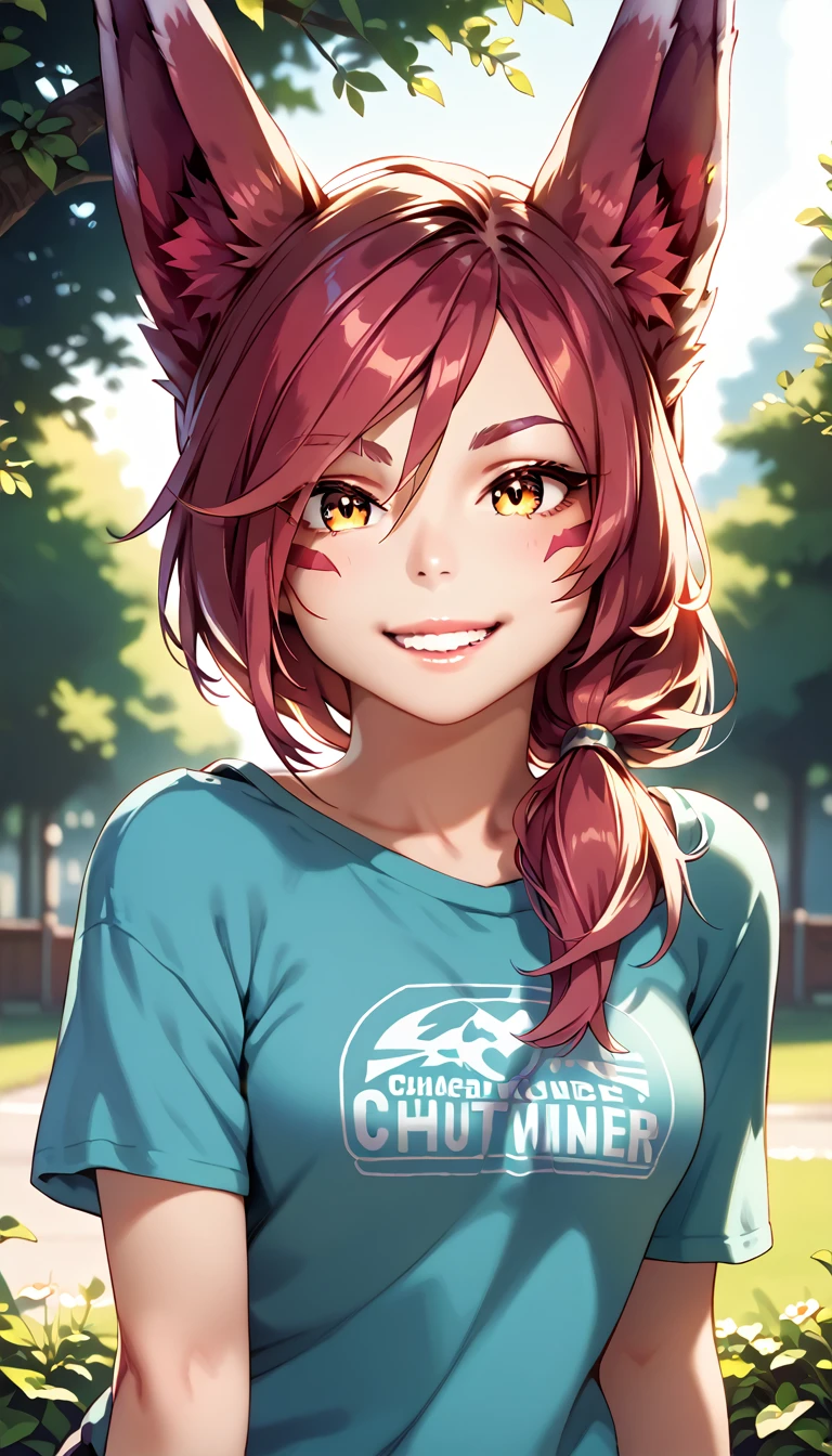 score_9, score_8_up, score_7_up, 1girl, ChiguchiMP, masterpiece, best quality, ultra high res, smiling, happy, (detailed eyes:1.2), Xayah,t-shirt,  animal ears, yellow eyes, casual clothes, portrait, stunning, hair over shoulder, hoodless, beautiful, 4