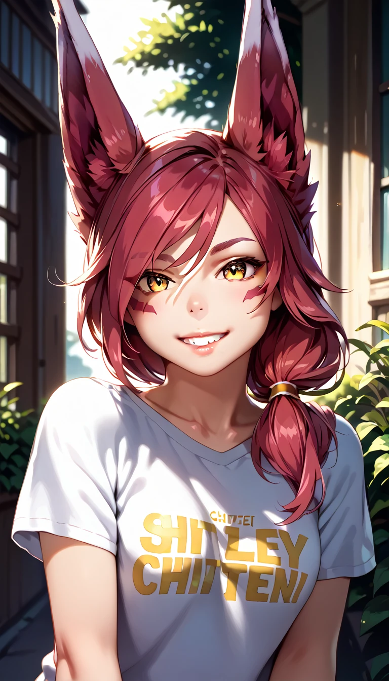 score_9, score_8_up, score_7_up, 1girl, ChiguchiMP, masterpiece, best quality, ultra high res, smiling, happy, (detailed eyes:1.2), Xayah,t-shirt,  animal ears, yellow eyes, casual clothes, portrait, stunning, hair over shoulder, hoodless, beautiful, 4