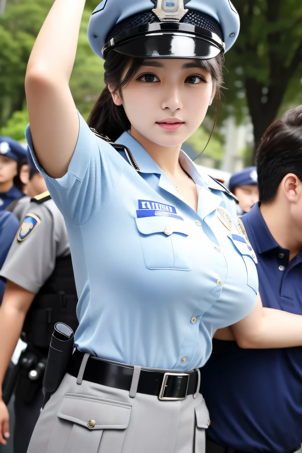 (masterpiece、Best Quality、Ultra-high resolution)、(Perfect Face、Beautiful Face、Beautiful Eyes)、policewoman、Japanese police uniform、sweat、Aiming a gun、gun、Large Breasts、A man grabs a woman's arm、The woman resists、fight、The man is a robber、Nipples、Side view、Nipples are visible through the gaps in her clothes、The button comes off、Dress shirt、White shirt、The clothes are see-through、(A man stands behind、A man stands in front、A man stands next to、Surrounded by a lot of men、A man touches his butt)、(Breast Poking、Poke in the chest)