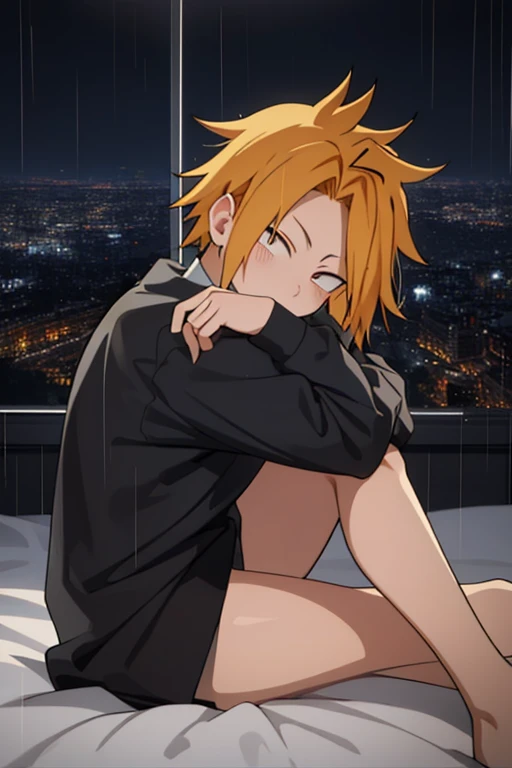 masterpiece, best quality, high quality, 1boy, solo, male focus, looking at viewer, upper body, kaminari_denki, blonde hair, multicolored_hair, Depressive, looking at a window on a rainy day sitting on his bed, looking at the city in the rain, dark, background: dark room, at night with a big window rainy day, Depressed, eyes half closed, sitting on the bed hugging his legs, looking at the rain in the dark, Lights off, poor lighting