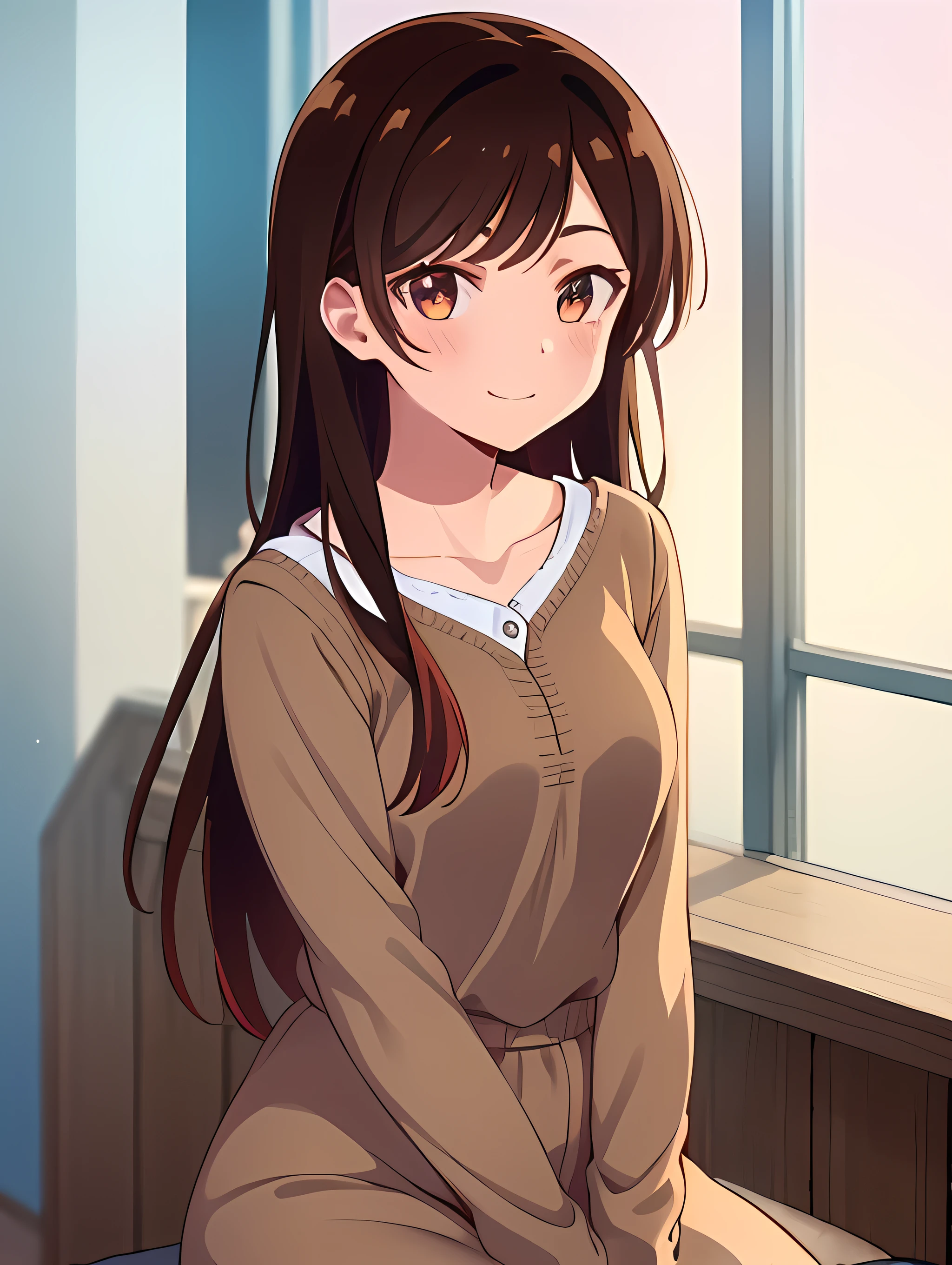 1 girl, alone, chizuru mizuhara, masterpiece, best quality, 8k wallpaper, beautiful detailed eyes, 1 girl, long hair, looking at viewer, blushing, brown hair, brown eyes. Light smile